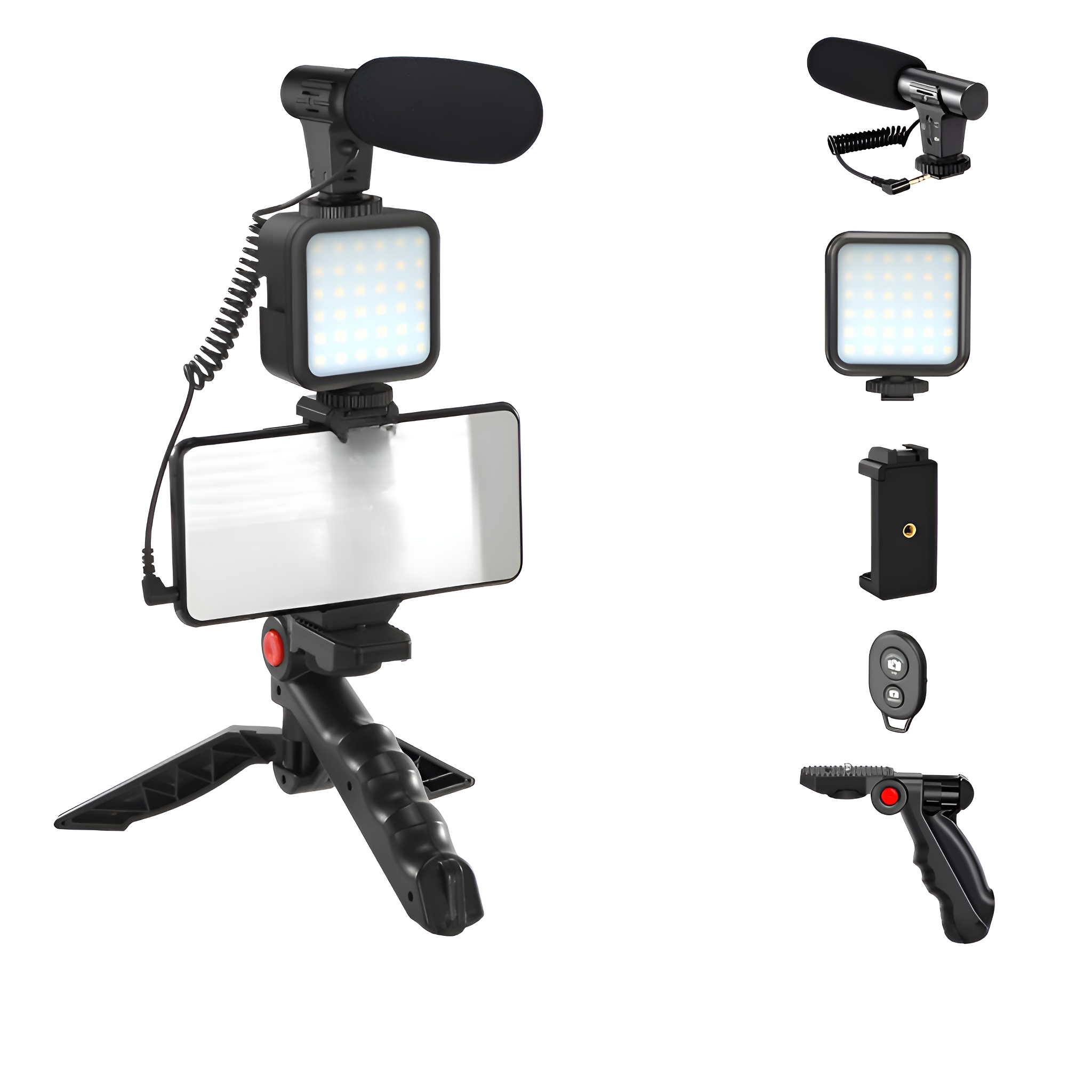 Ein Smartphone-Videoaufbau mit Mikrofon, Licht und Stativ. Komponenten werden separat angezeigt.