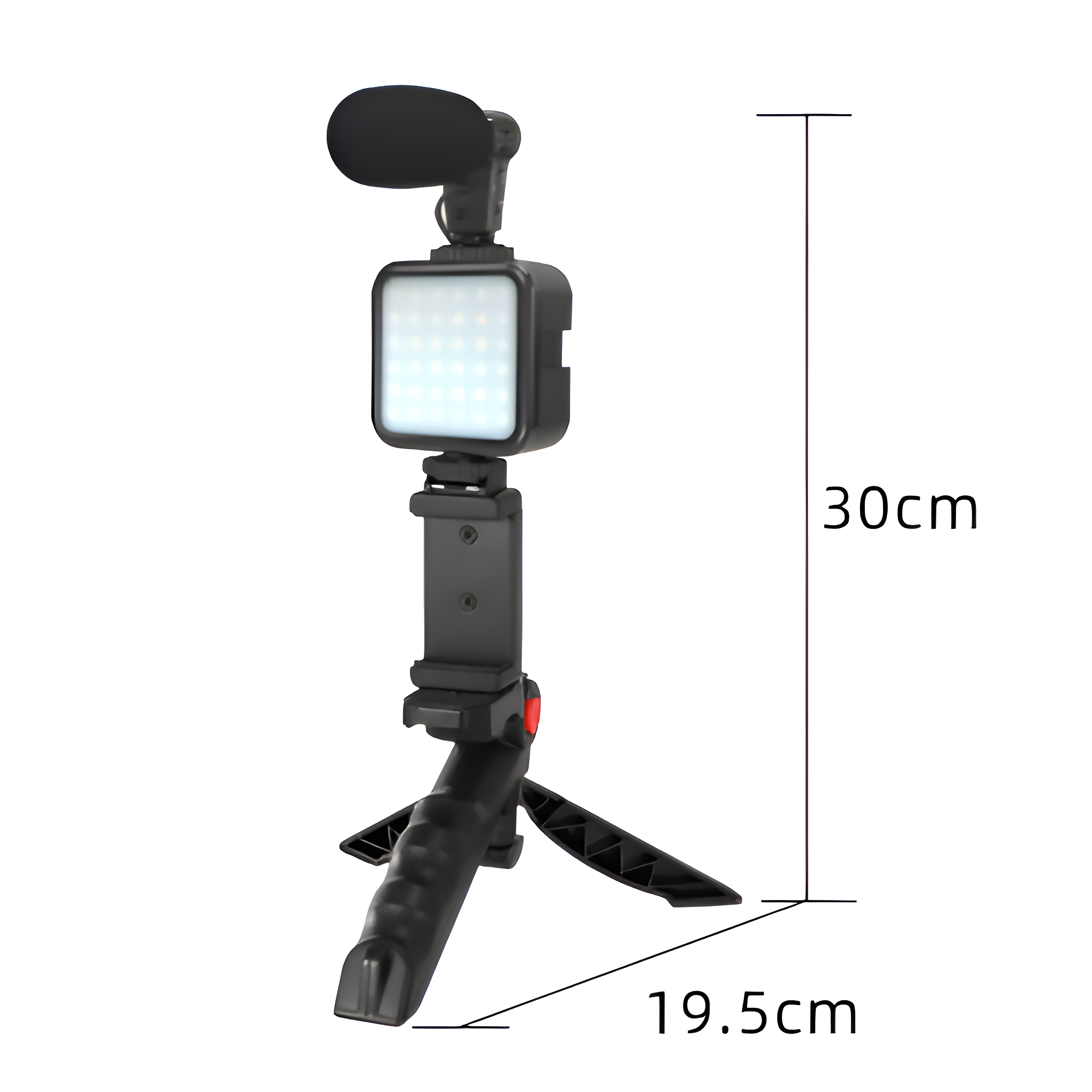 Ein schwarzes Videolicht und Mikrofon auf einem kleinen Stativ, 30 cm messend.