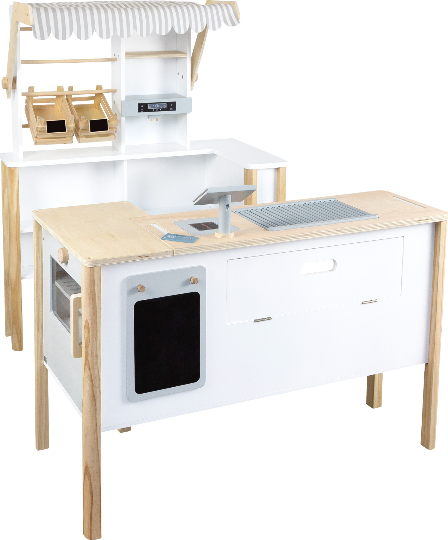 Holzspielzeugladen. Enthält Theke, Regale und eine Tafel. Weiß und Holzfarben.