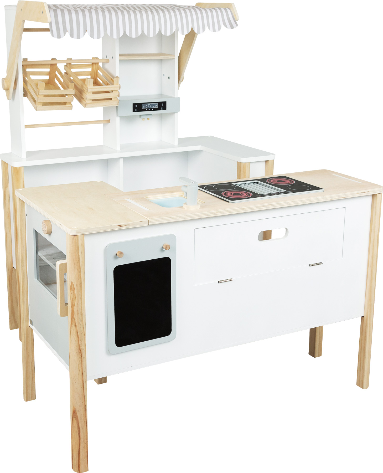Weißer Spielzeug-Marktstand mit Regalen und einer Tafel. Mit Theke und Markise.