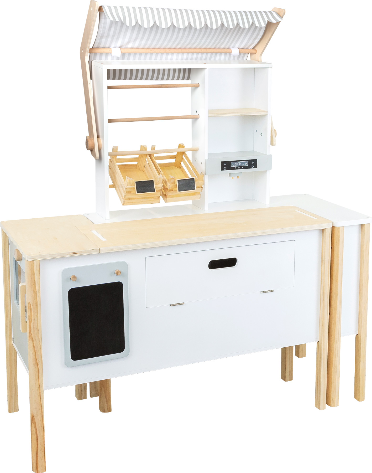 Spielzeugladen aus Holz mit Theke. Enthält eine Tafel, Regale und eine gestreifte Markise. Weißer Hintergrund.