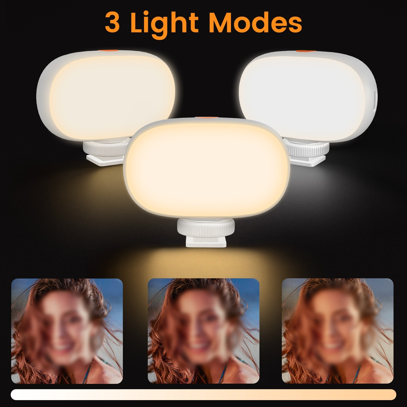 Drei weiße Lichter, jedes mit einem anderen Lichtmodus, und verschwommene Bilder einer Frau.