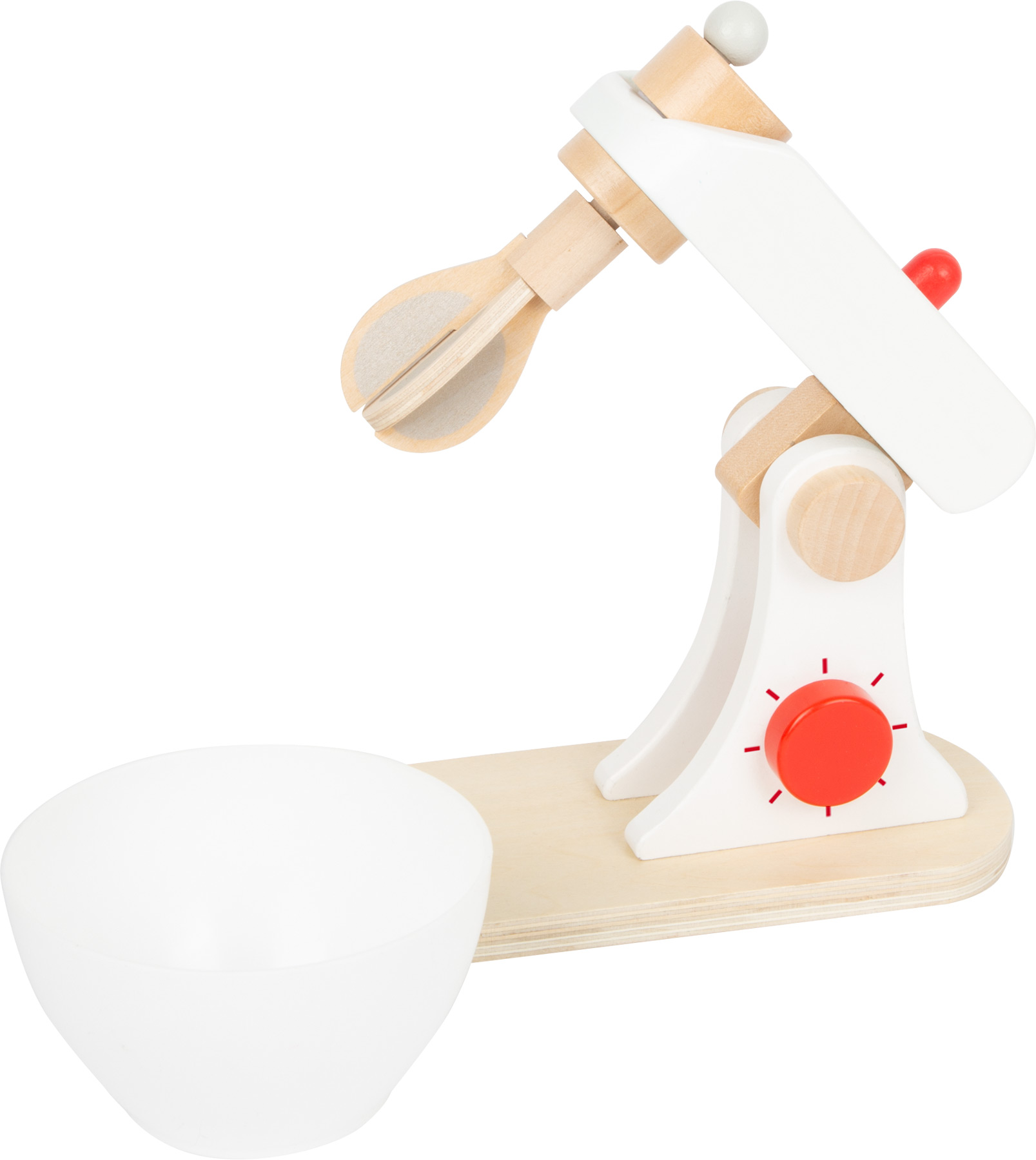 Holzspielzeug-Mixer. Weiß und aus Holz, mit rotem Knopf und Schüssel.