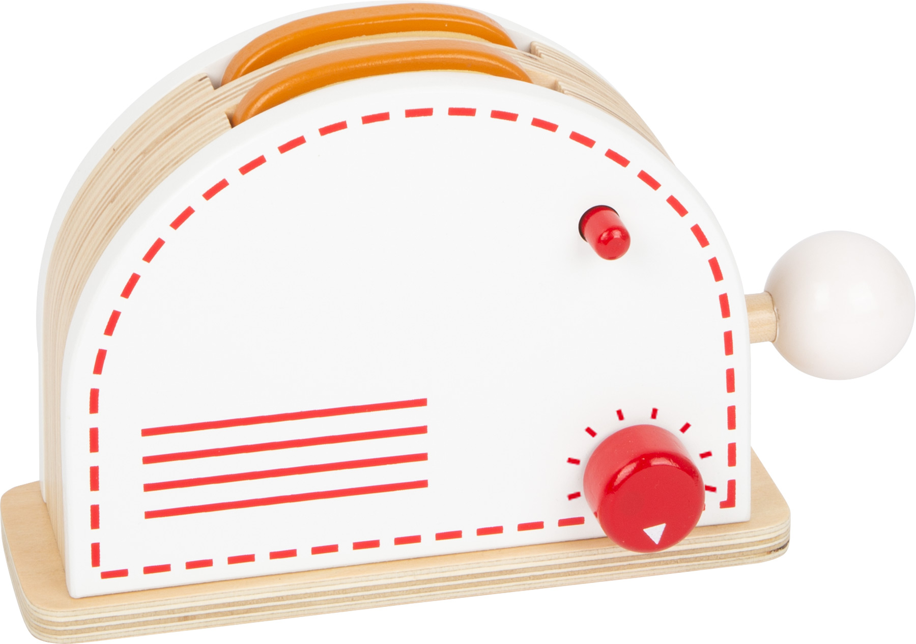 Ein weißer Spielzeugtoaster aus Holz mit roten Details, einschließlich eines Drehknopfs und eines Knopfes.
