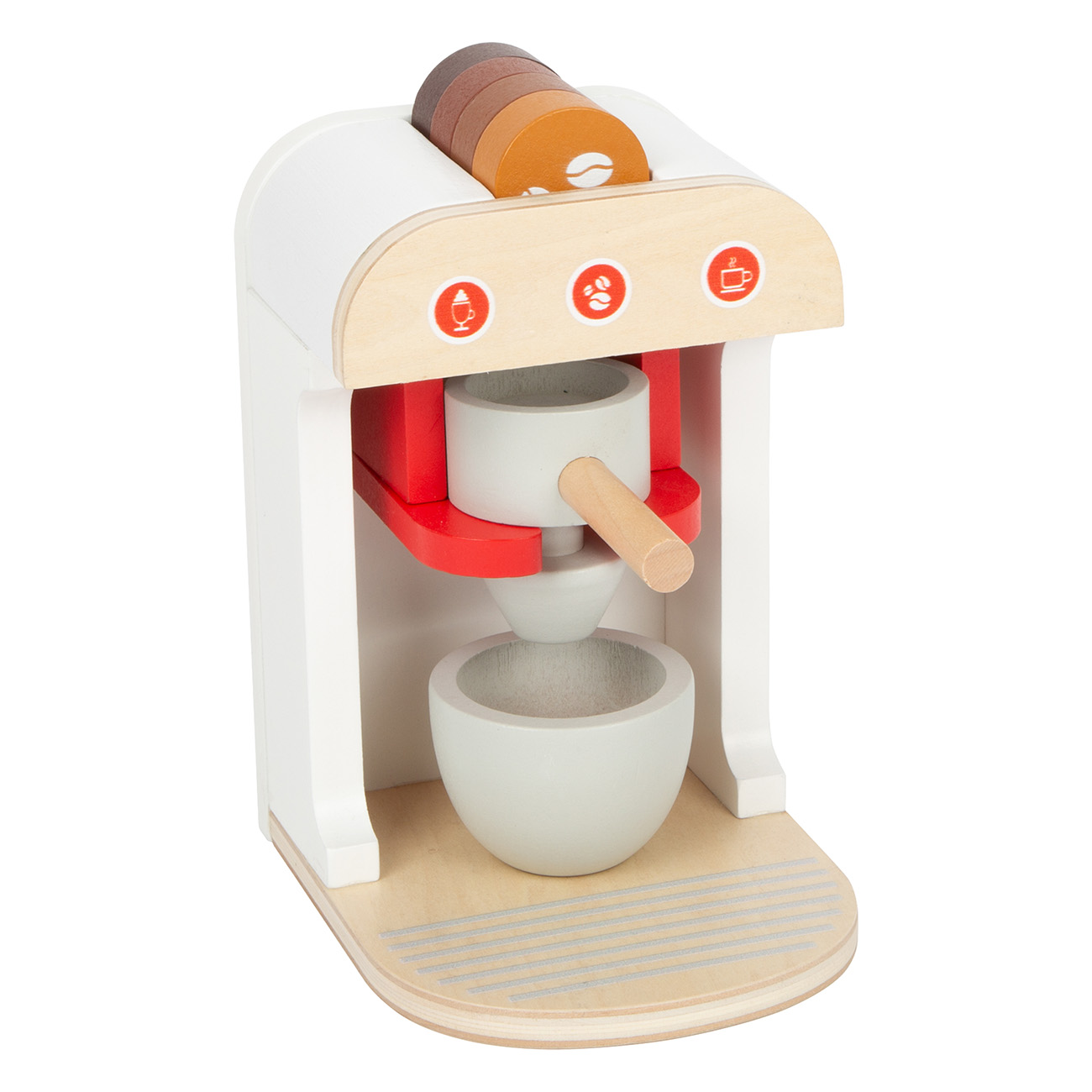Kaffeeautomat aus Holz mit verschiedenen Teilen. Weißer Hintergrund.