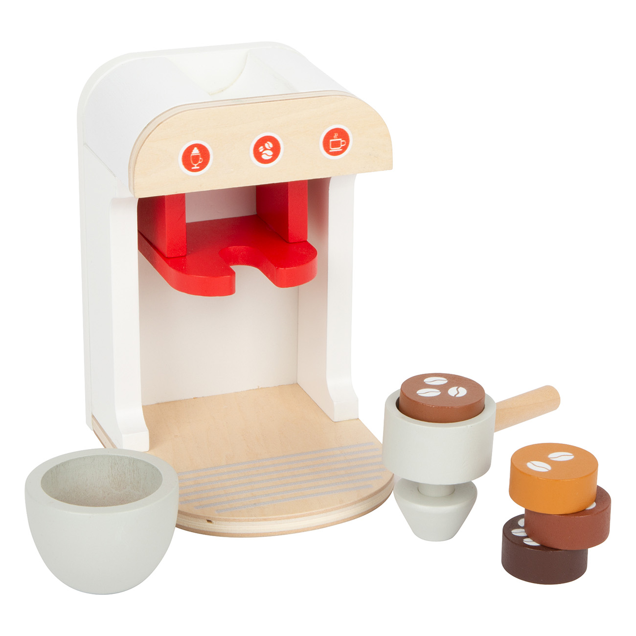 Spielzeug-Kaffeemaschine aus Holz mit Zubehör: Kaffeebohnen, eine Tasse und ein Kaffeebohnehalter.