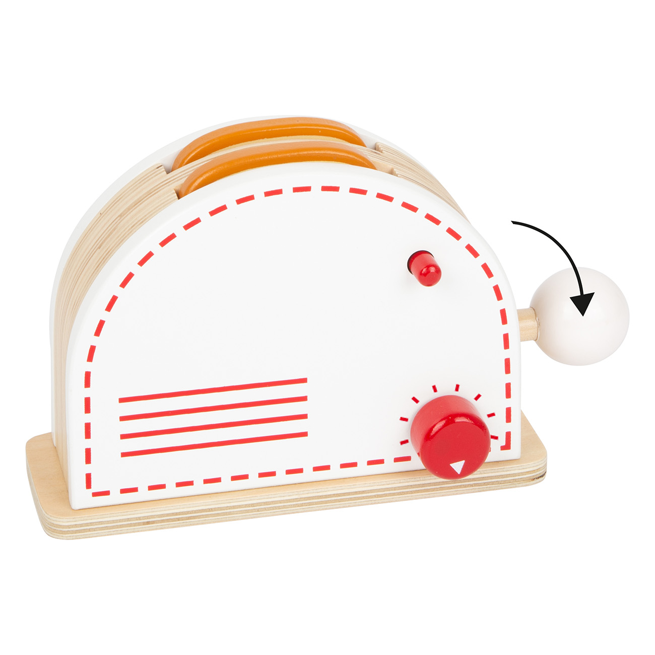Hölzerner Spielzeug-Toaster mit roten Akzenten und Griff. Zwei orange Brotscheiben sind drin.