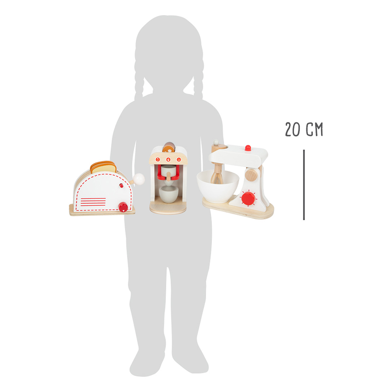 Holzspielzeug-Küchenset, einschließlich Toaster, Kaffeemaschine und Mixer. Eine Kindersilhouette ist gezeigt.