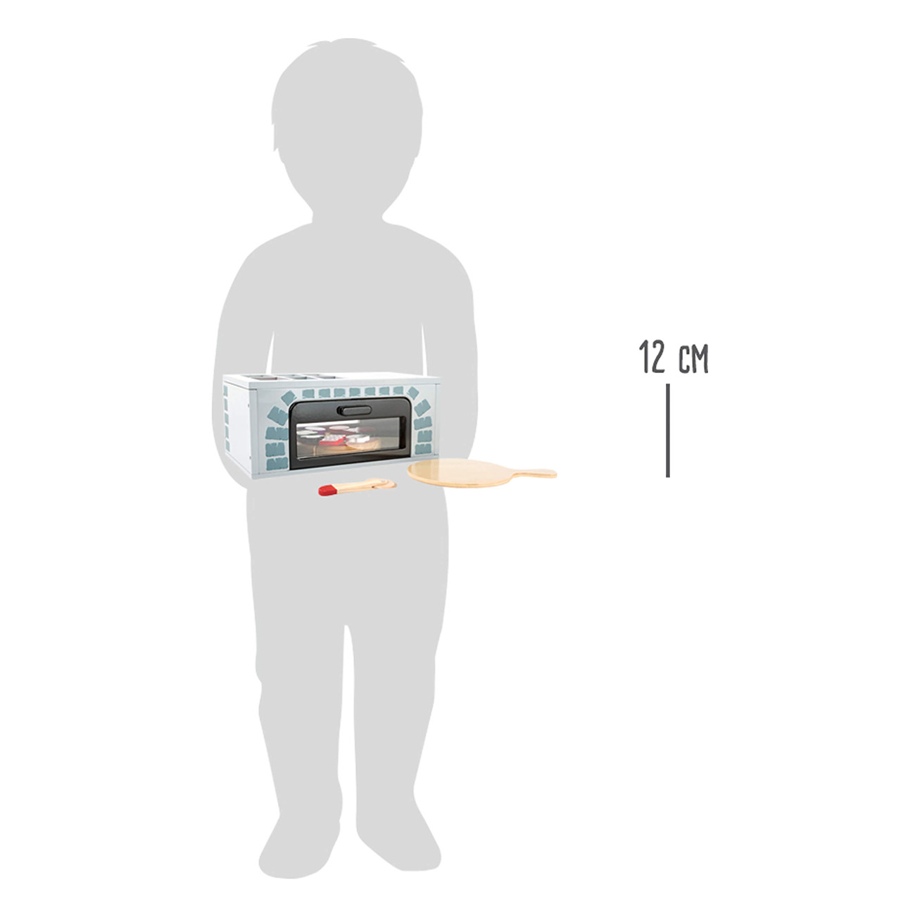 Kind-Silhouette, die einen Spielzeugofen mit Utensilien hält. Daneben eine 12 cm Messskala.