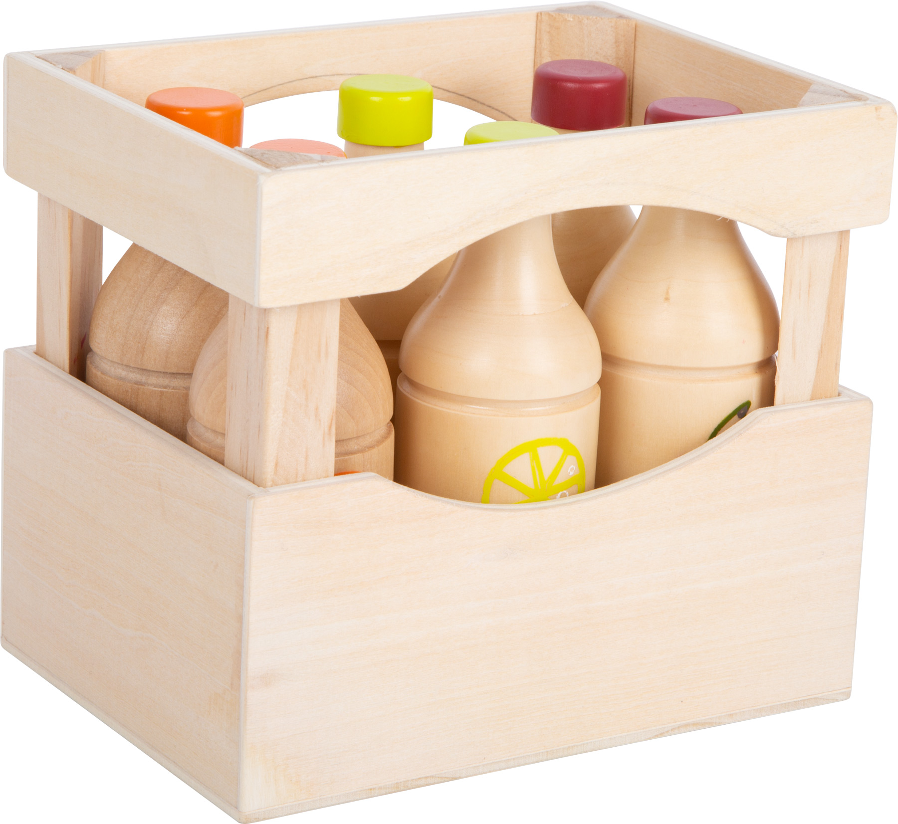 Eine Holzkiste mit sechs Flaschen mit bunten Deckeln. Einige Flaschen haben Etiketten.
