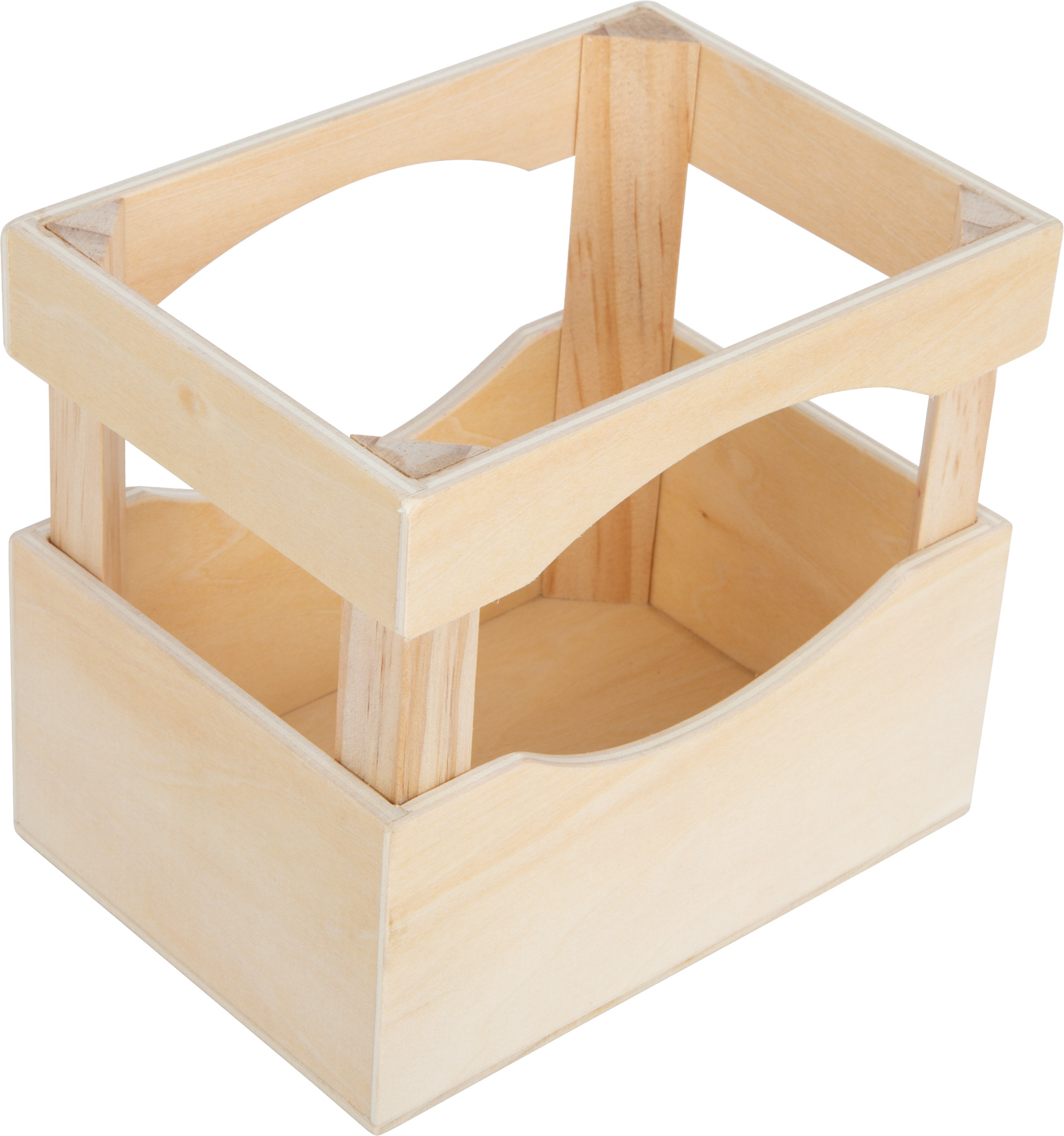Holzkiste mit offenem Deckel und Seiten. Helle Holzfarbe, isoliert auf Weiß.