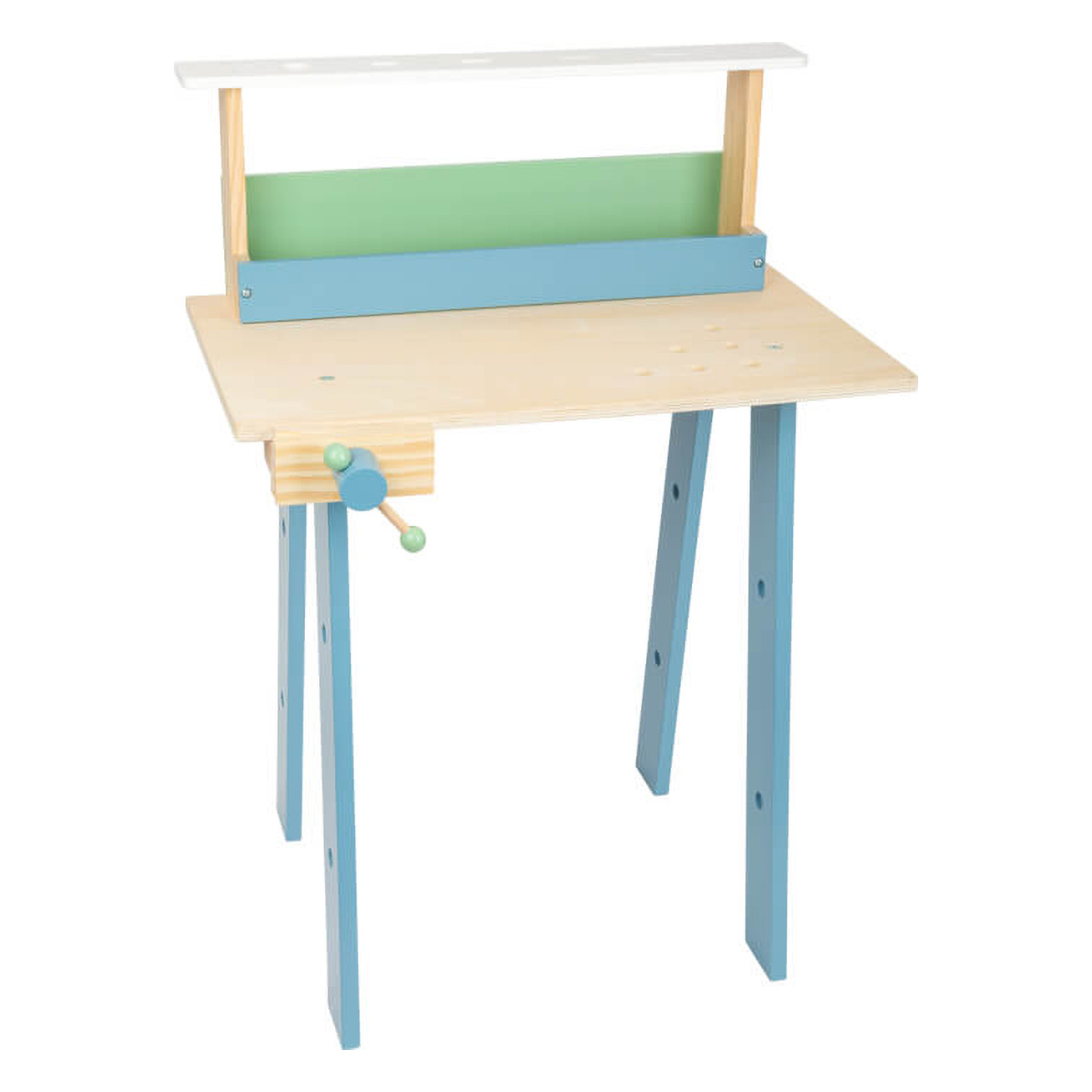 Eine kleine Werkbank aus Holz mit einem Regal und einem blauen Sockel. Sie hat einen Schraubstock und Werkzeuge.