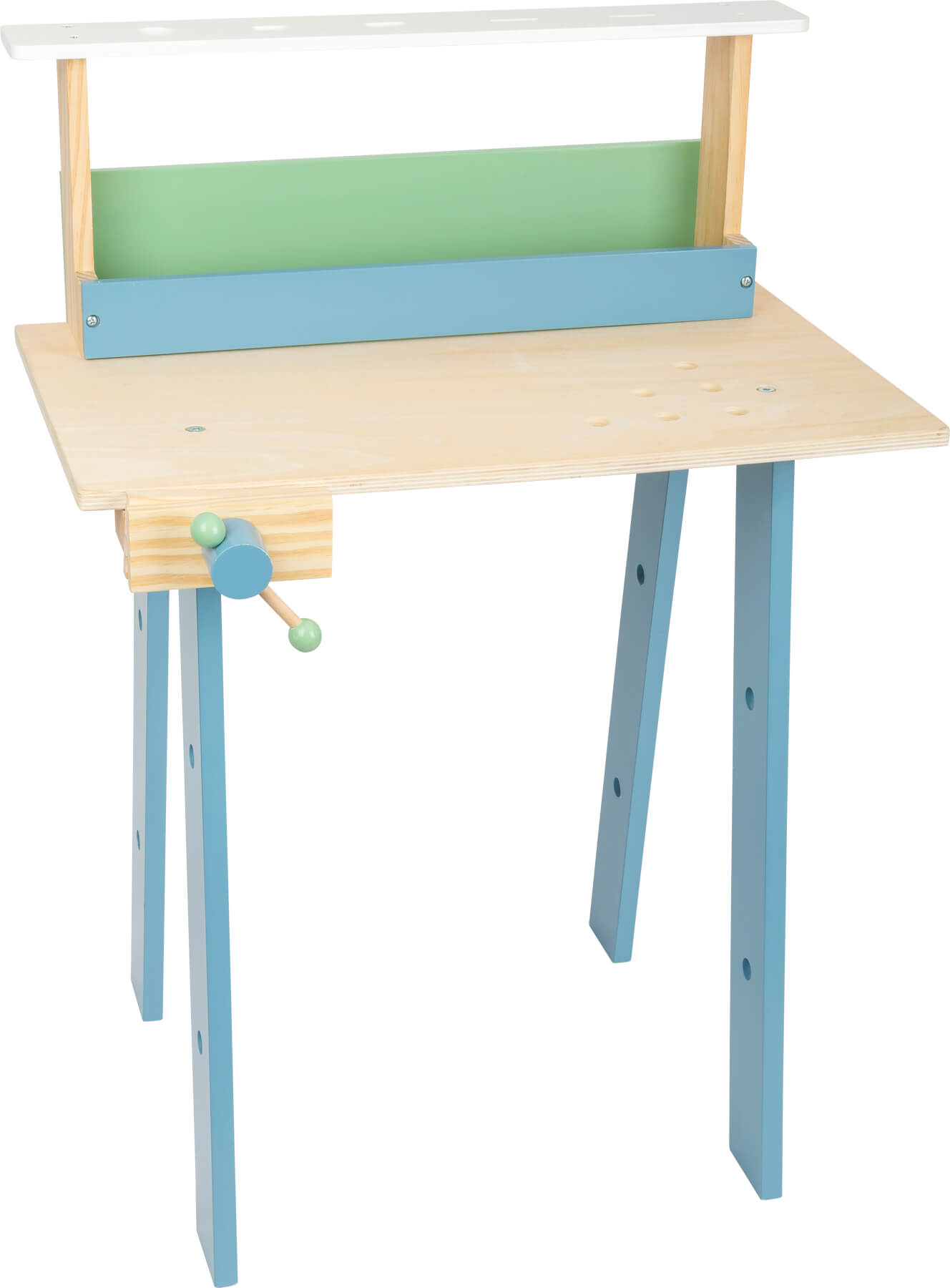 Eine Werkbank aus Holz mit Regal, blauen Beinen und einem kleinen Schraubstock. Weißer Hintergrund.