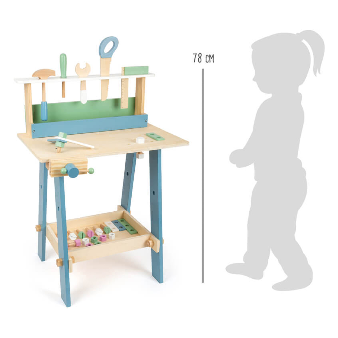 Silhouette eines Kindes neben einer Spielzeugwerkbank mit Werkzeugen und einer 78 cm Skala.