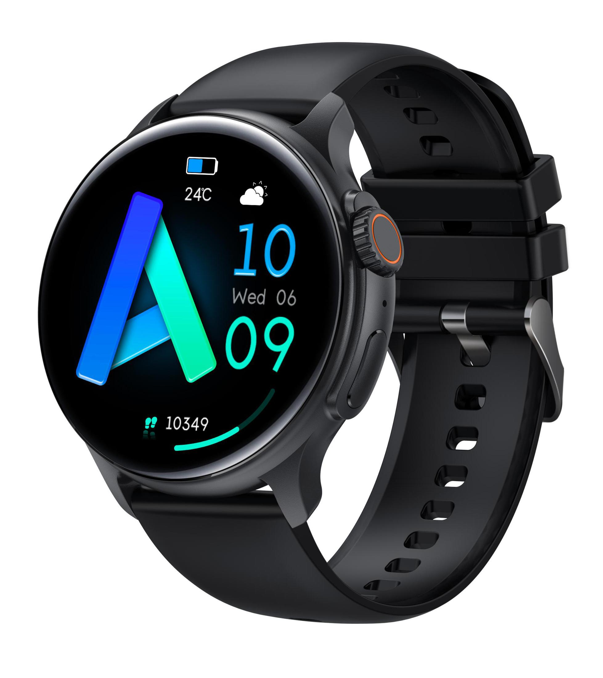 Schwarze Smartwatch mit Digitalanzeige, die Zeit, Akku und Gesundheitsdaten anzeigt.