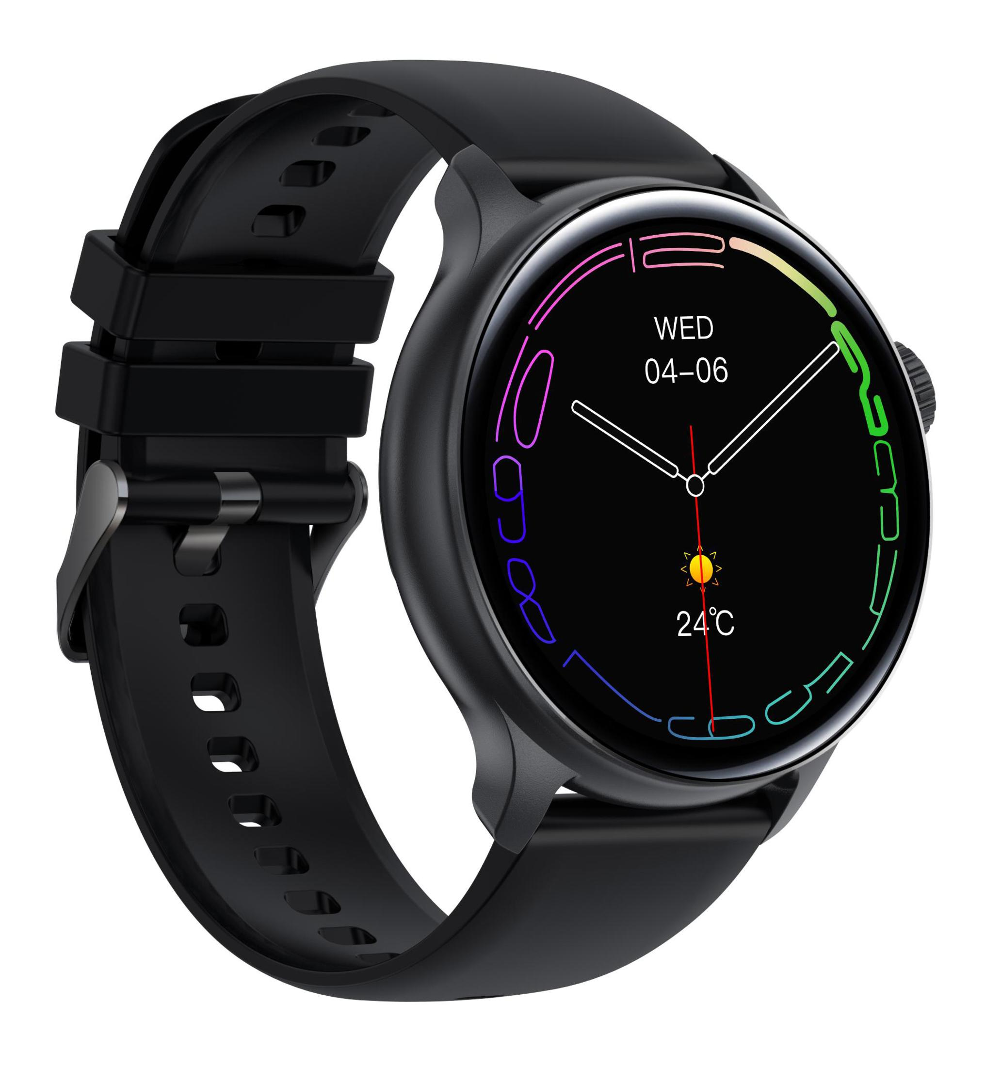 Schwarze Smartwatch mit rundem Display. Sie zeigt Datum, Uhrzeit und Wetter an.