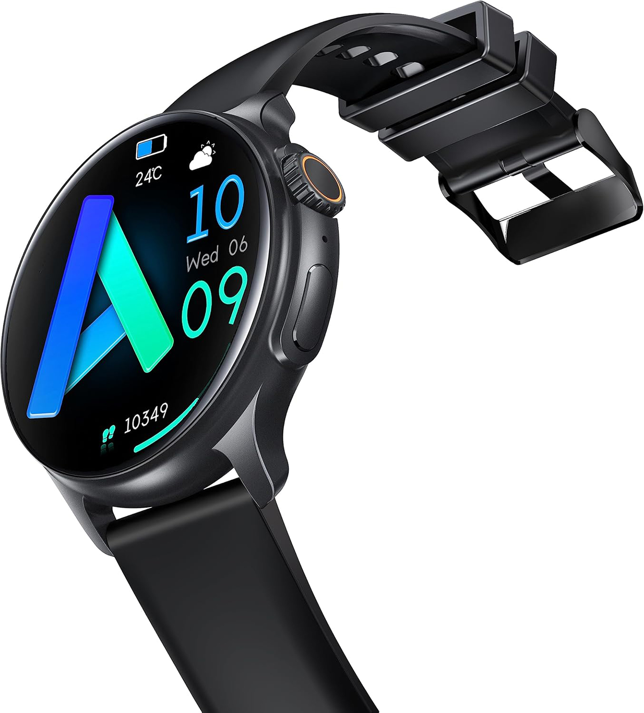 Schwarze Smartwatch mit digitaler Anzeige.