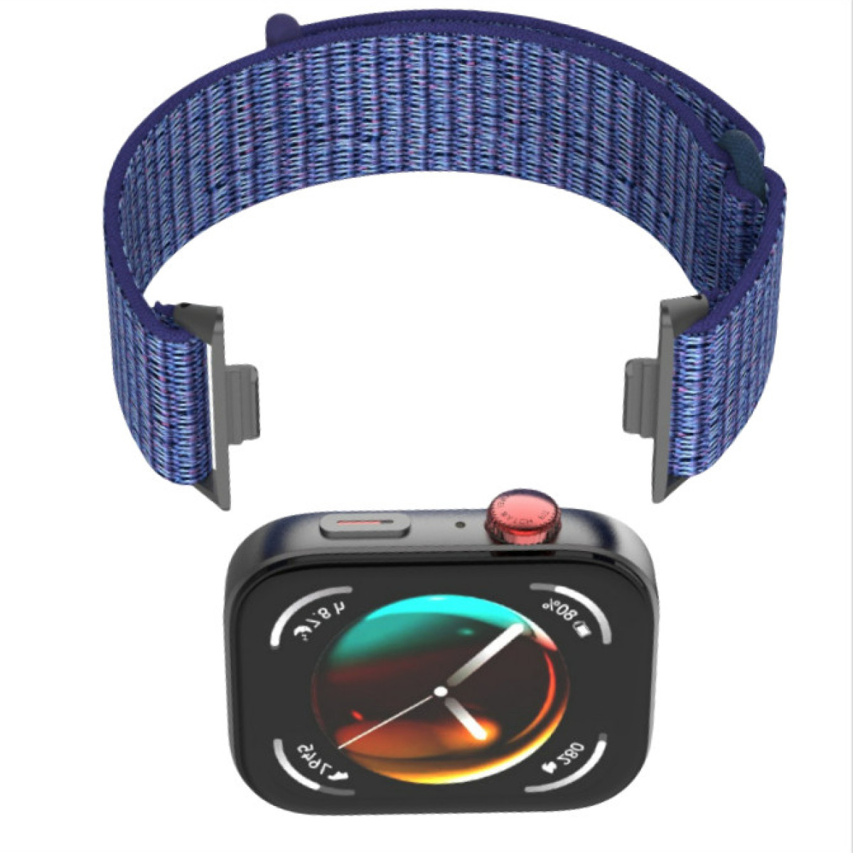 Smartwatch mit blauem Armband, farbenfrohes Interface, vor weißem Hintergrund.