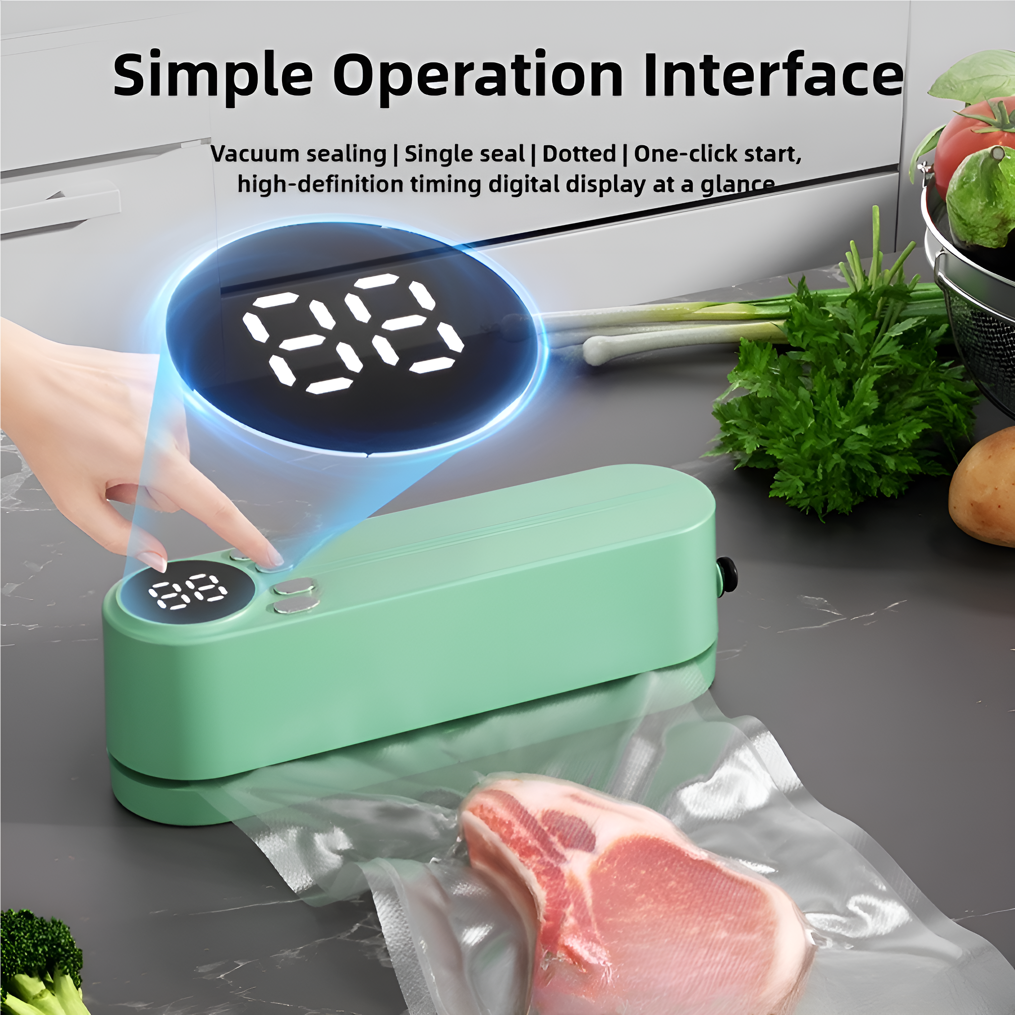 Grünes Vakuumiergerät mit Digitalanzeige, das ein Stück Fleisch in einem Plastikbeutel versiegelt.