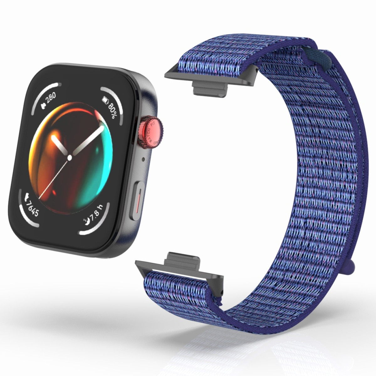 Eine Smartwatch mit blauem Armband. Das Zifferblatt zeigt Zeit und Batteriestand.