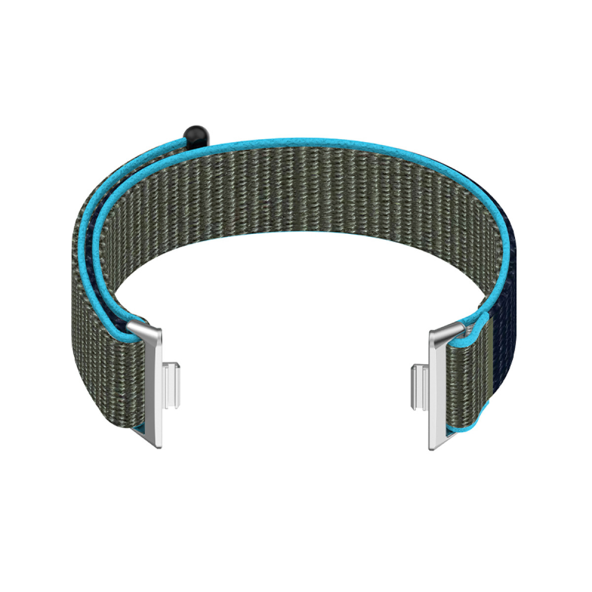 Armbanduhrband mit blauen Zierleisten und Metallverschlüssen. Grau und blau. Weißer Hintergrund.