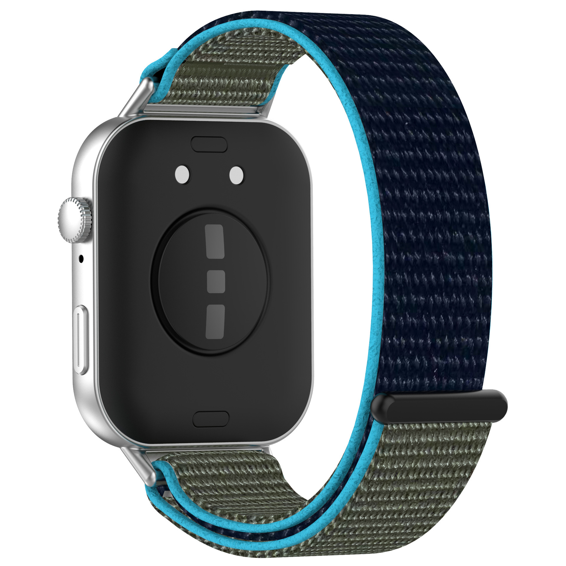 Eine silberne Smartwatch mit schwarzem Bildschirm und blau-olivgrünem Armband.