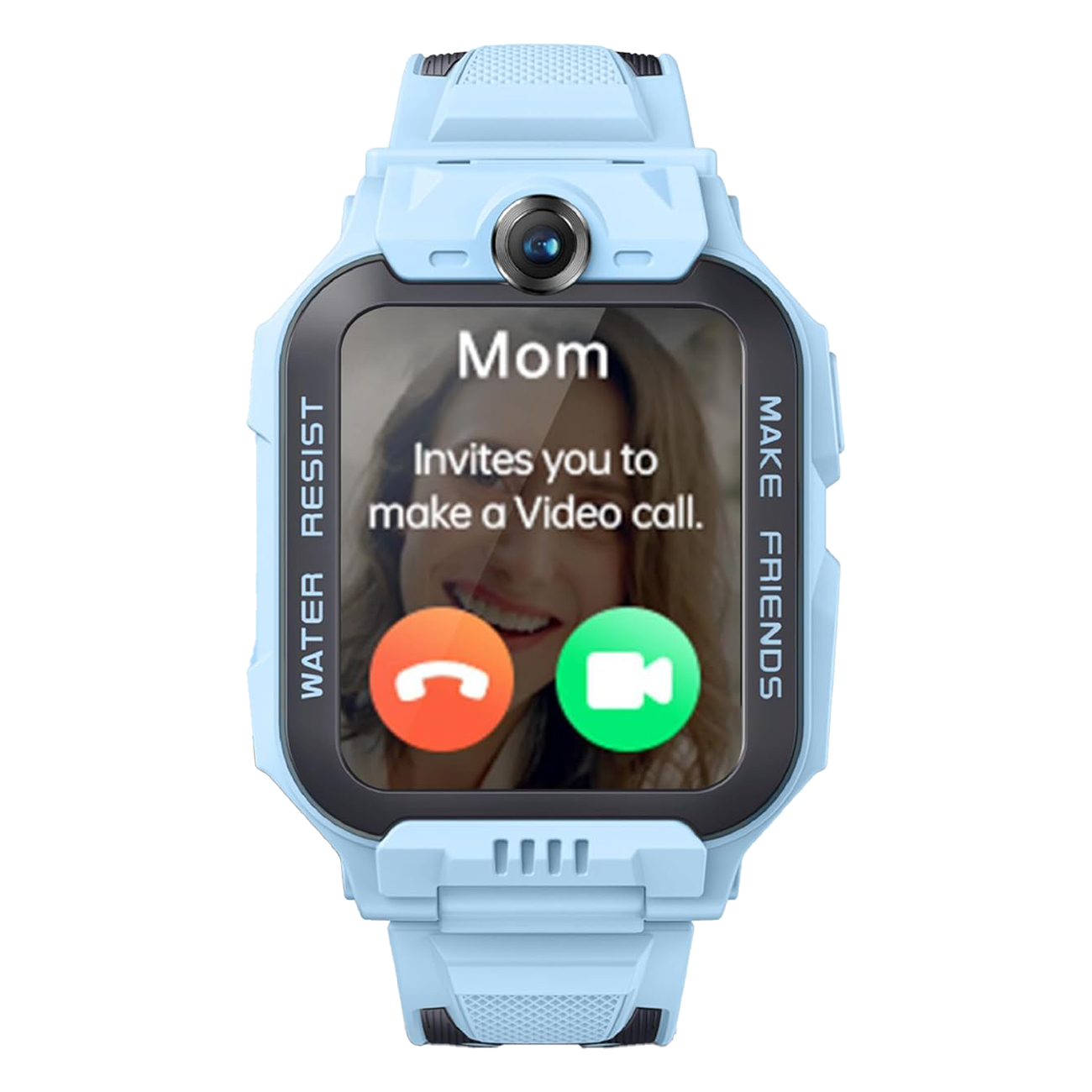 Smartwatch blu con videochiamata da 'Mamma'. Con fotocamera e pulsanti di chiamata.