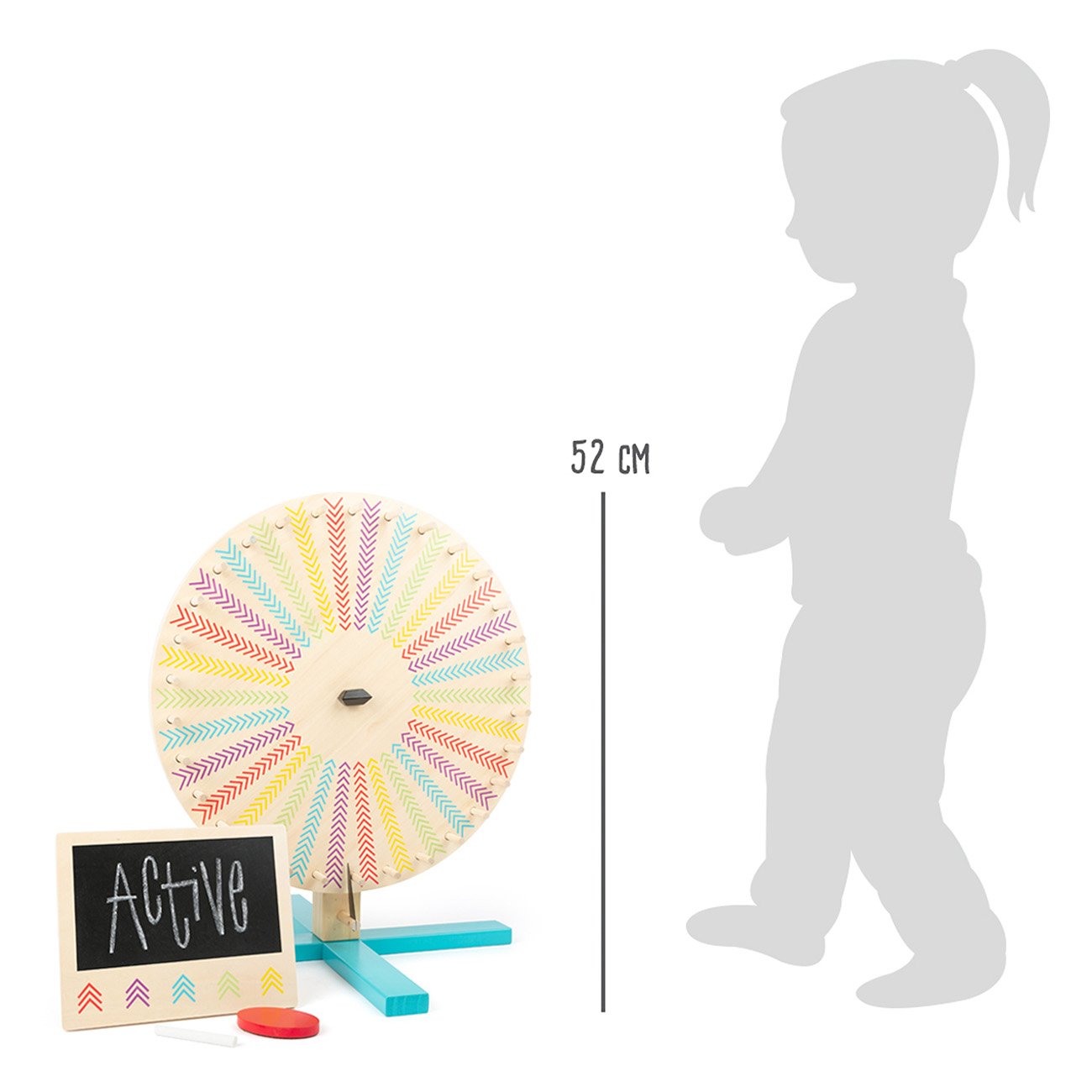 Ein Spielzeug mit einem sich drehenden Rad, einer Tafel und einer Kindersilhouette.