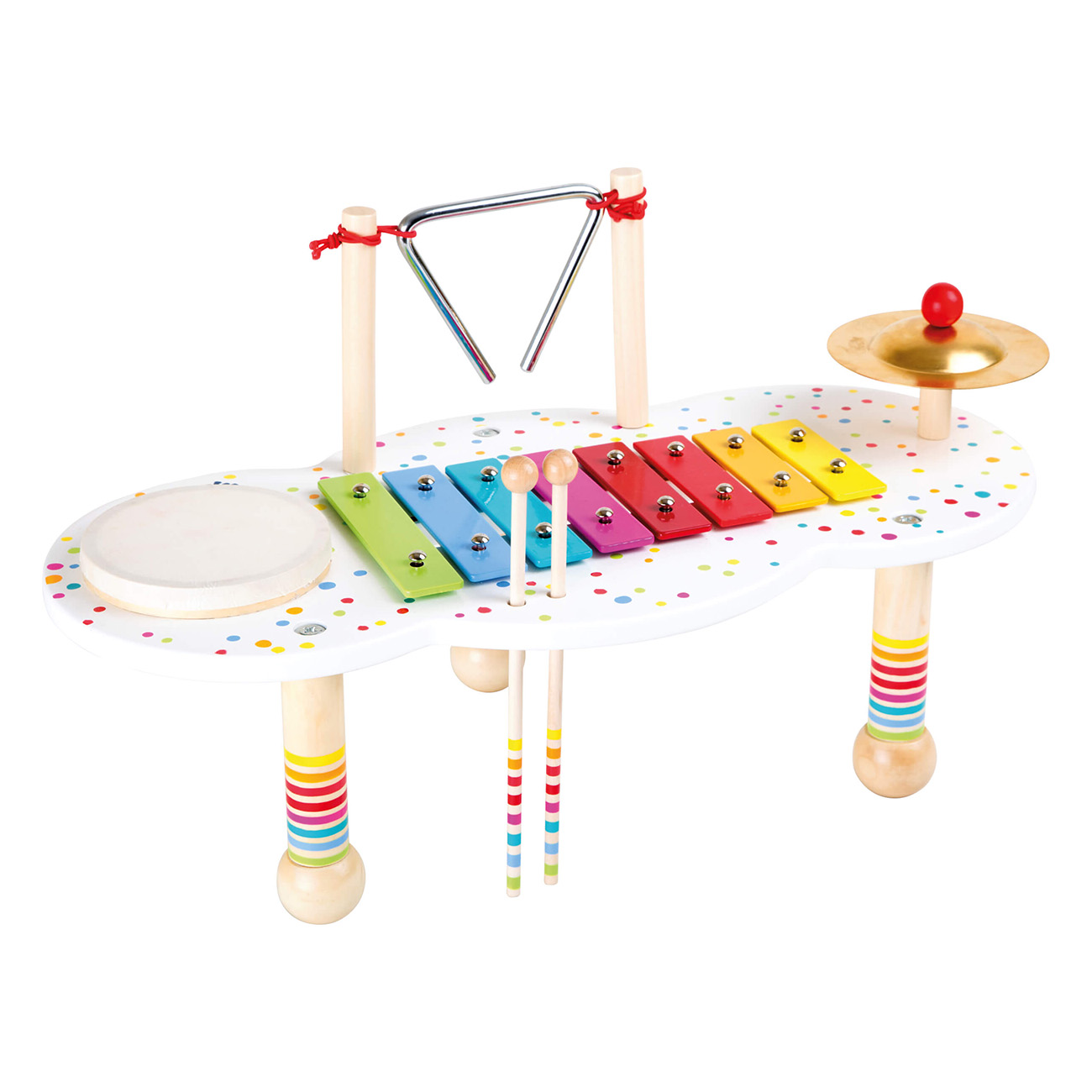 Ein farbenfrohes Musikinstrumentenset aus Holz mit Xylophon, Trommel, Becken und Dreieck.
