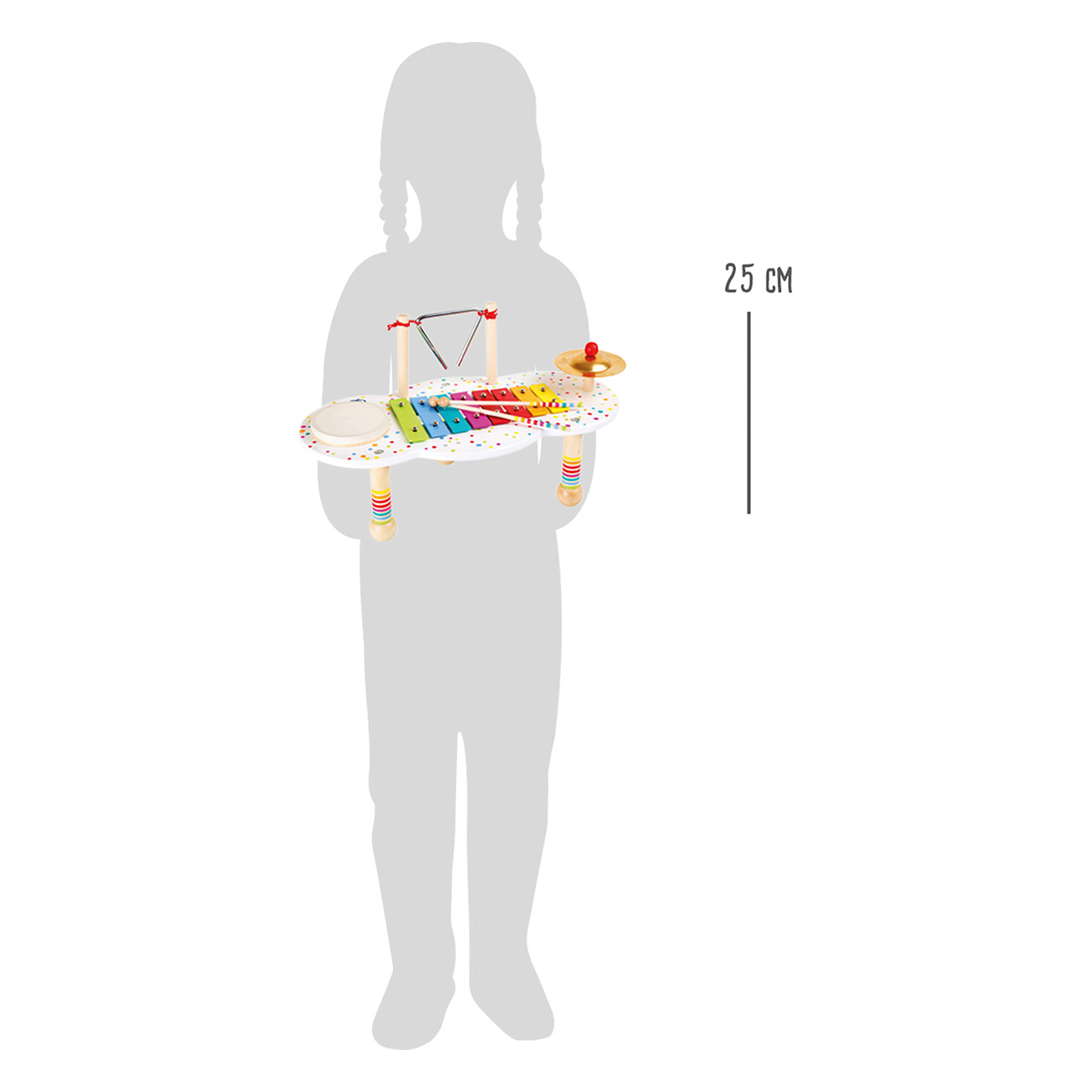 Eine Silhouette einer Person, die ein Spielzeugmusikinstrument hält. Ein Lineal neben dem Spielzeug.