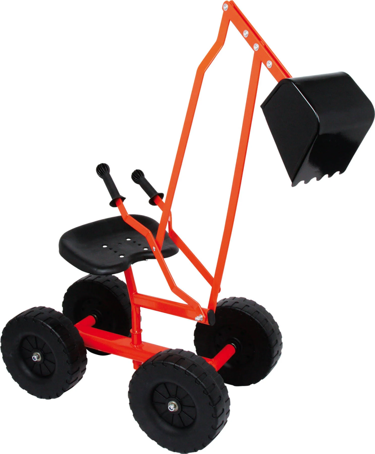 Orangener Bagger Spielzeug mit schwarzen Rädern und Sitz. Der Bagger hat eine Schaufel.