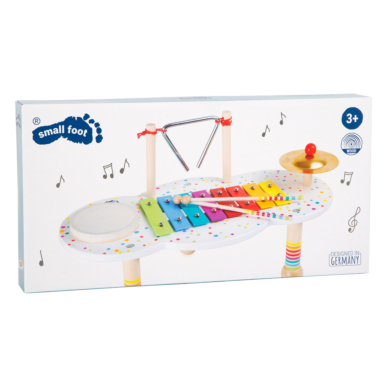 Box mit einem Spielzeug-Musikinstrumentenset, Trommel, Xylophon, Becken und einem Dreieck.