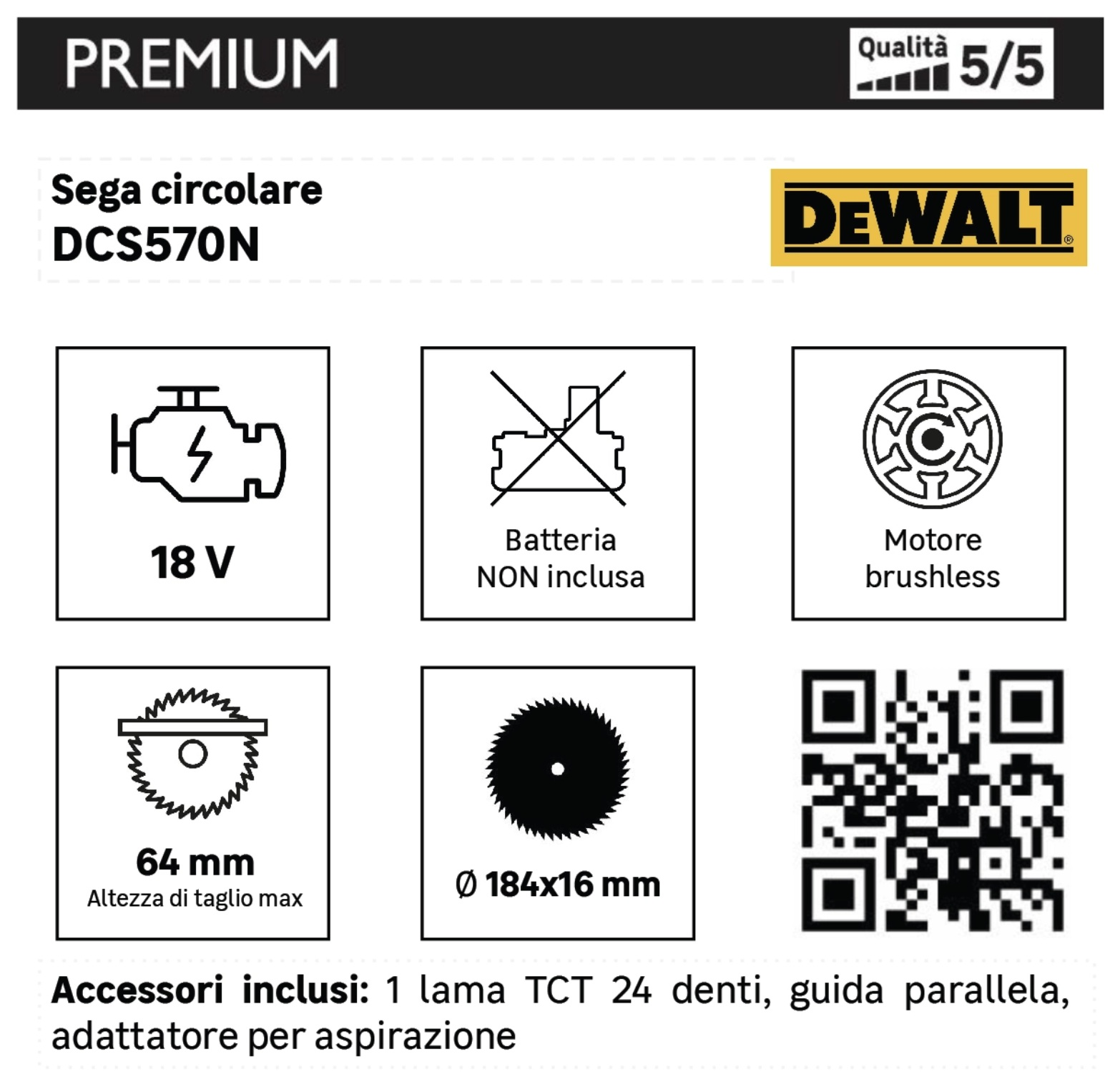 Dettagli dell'elettroutensile, comprese le informazioni sulla sega e sulla batteria, su sfondo bianco.