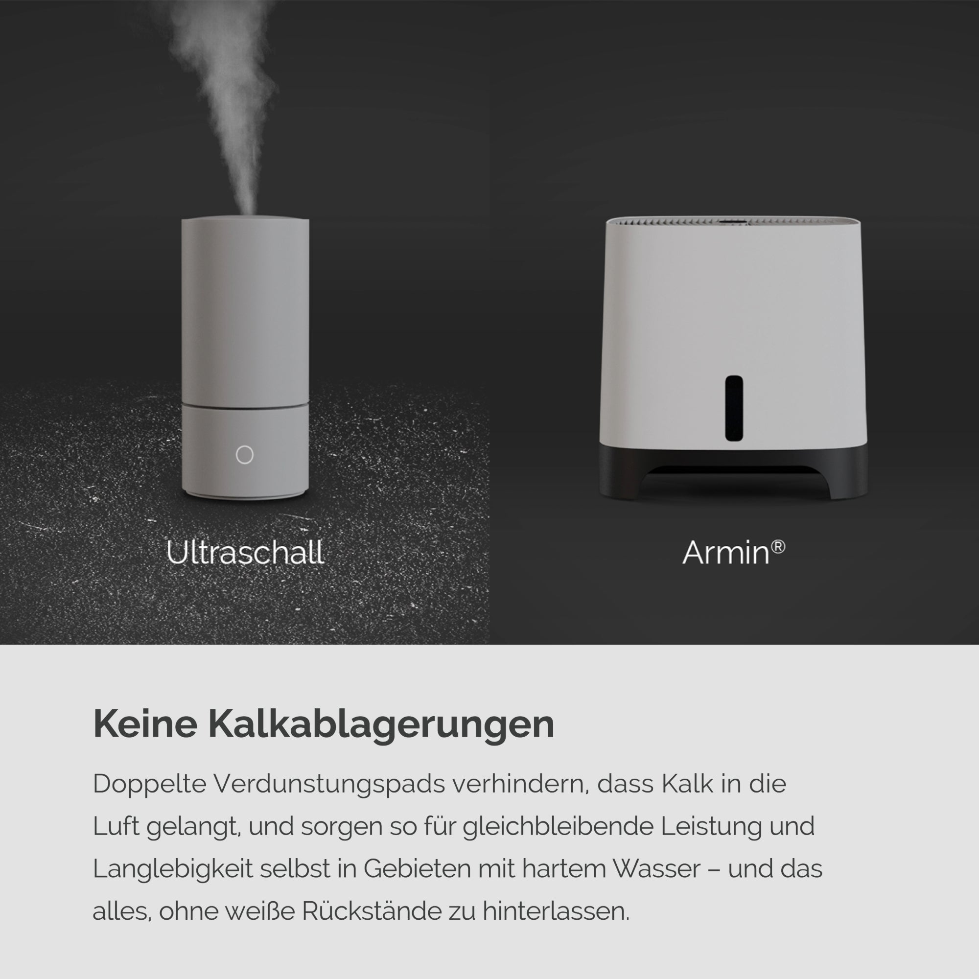 Dwa nawilżacze, jeden szary i jeden czarny, tekst o zapobieganiu osadzaniu się minerałów w urządzeniu.