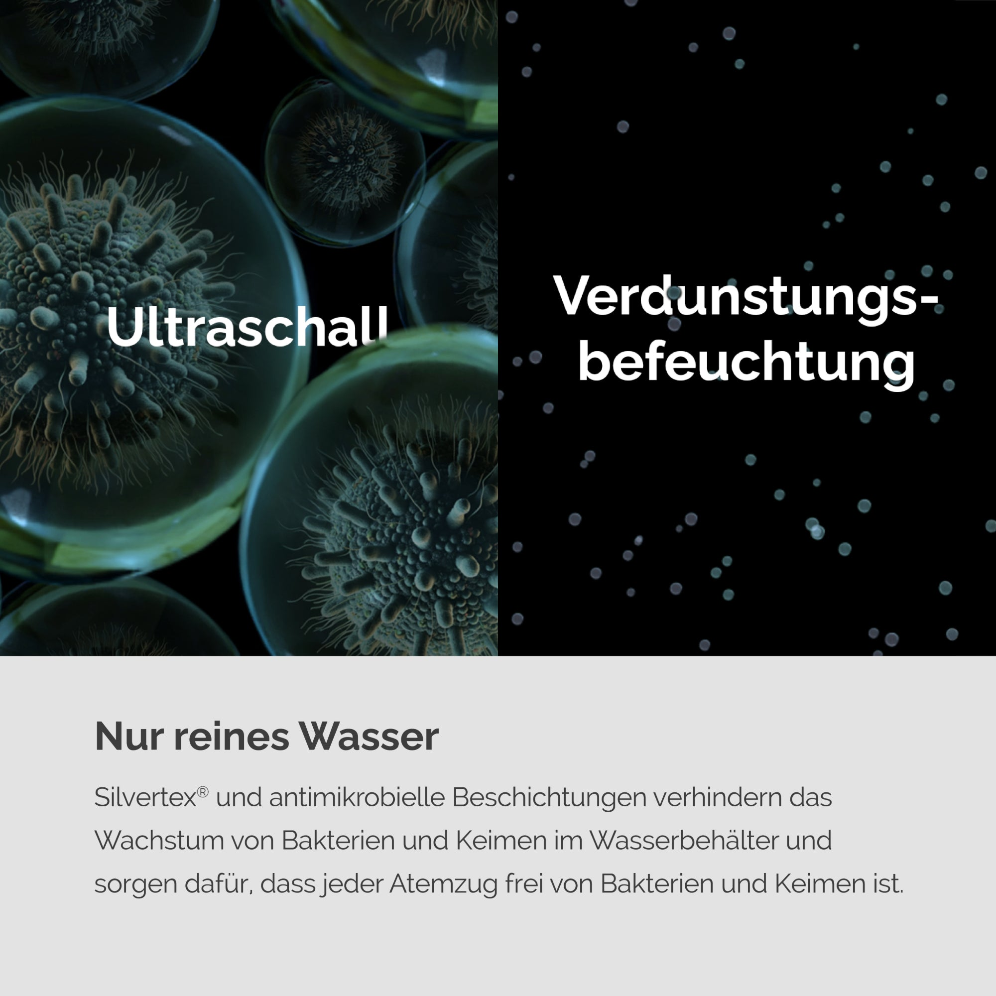 Obraz z tekstem o nawilżaniu ultradźwiękowym i ewaporacyjnym.