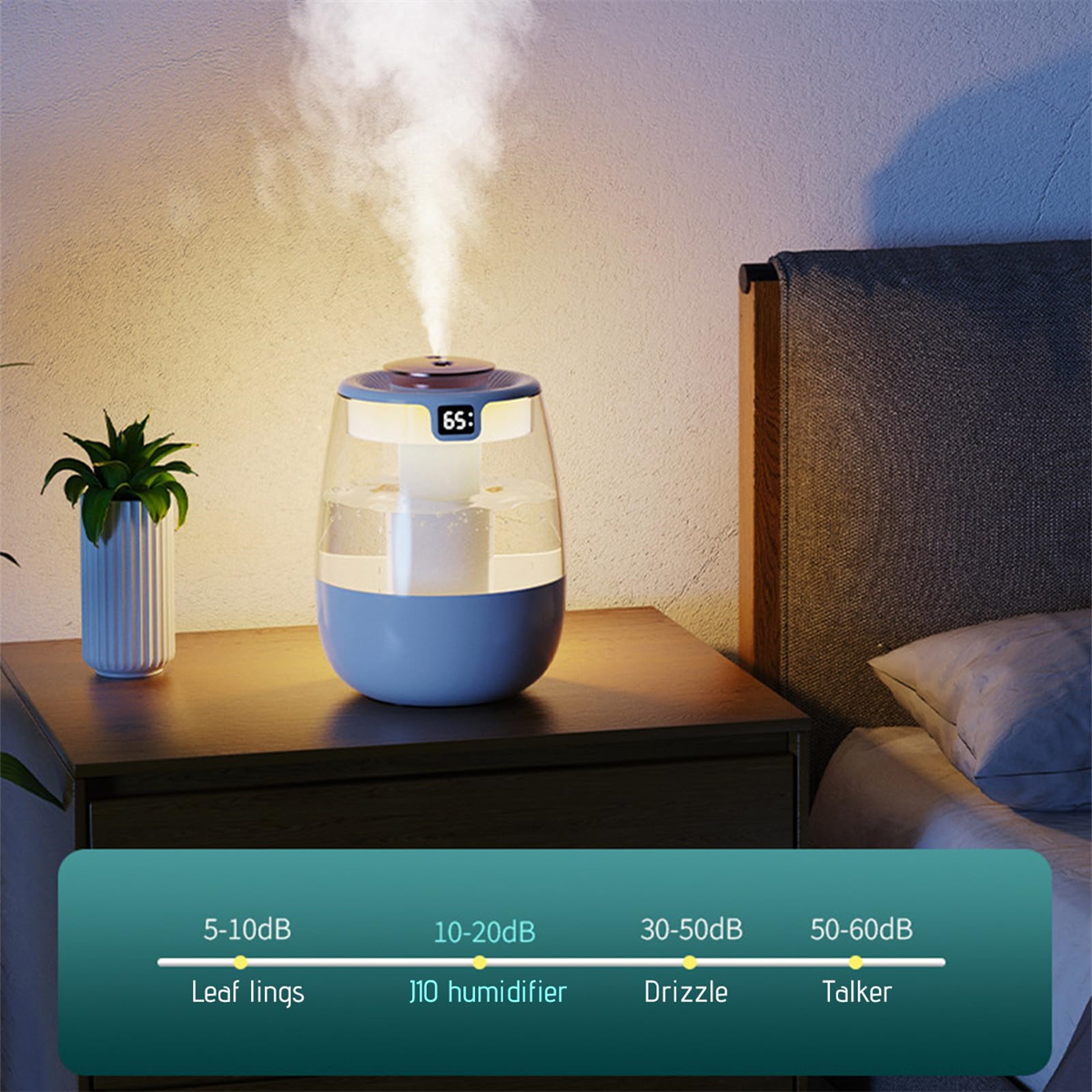 Luftbefeuchter mit weißem Nebel auf einem Nachttisch. Zeigt die Schallpegel von 5-60 Dezibel.