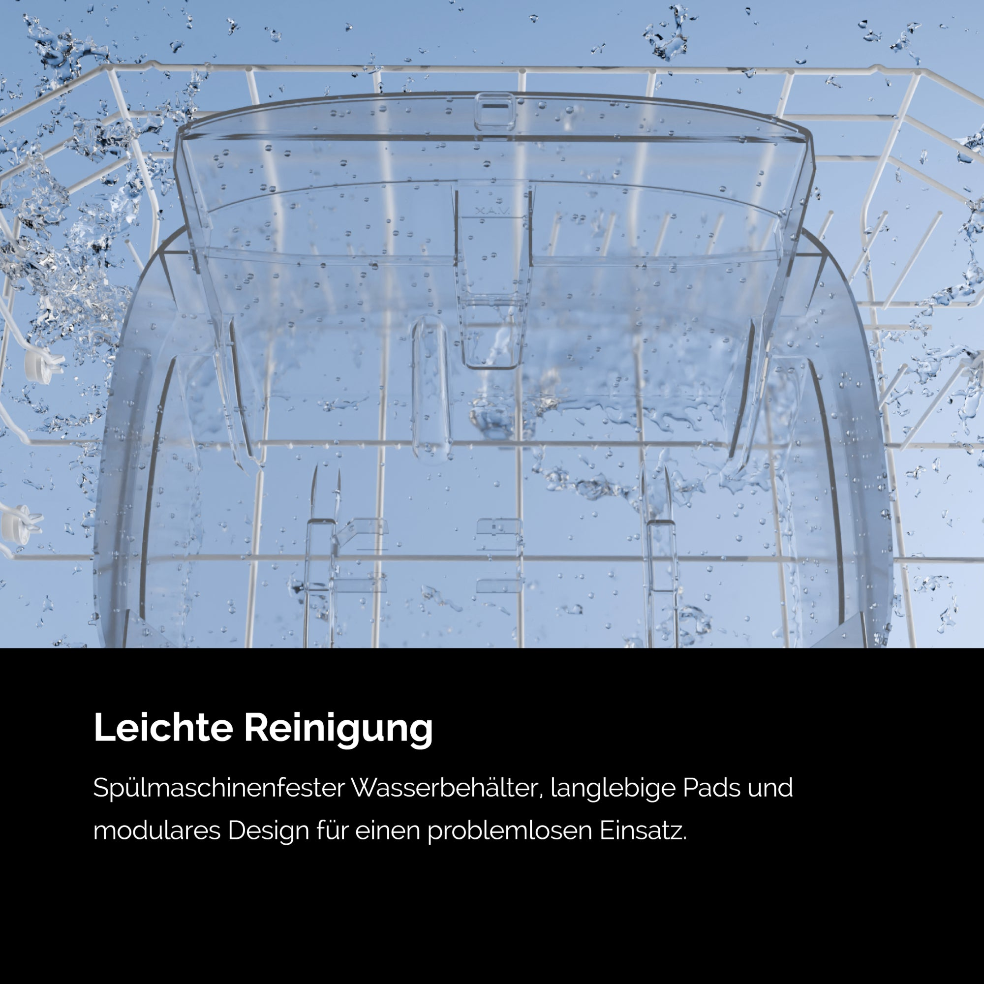 Wnętrze zmywarki z przezroczystym plastikowym elementem i kroplami wody, tekst poniżej.