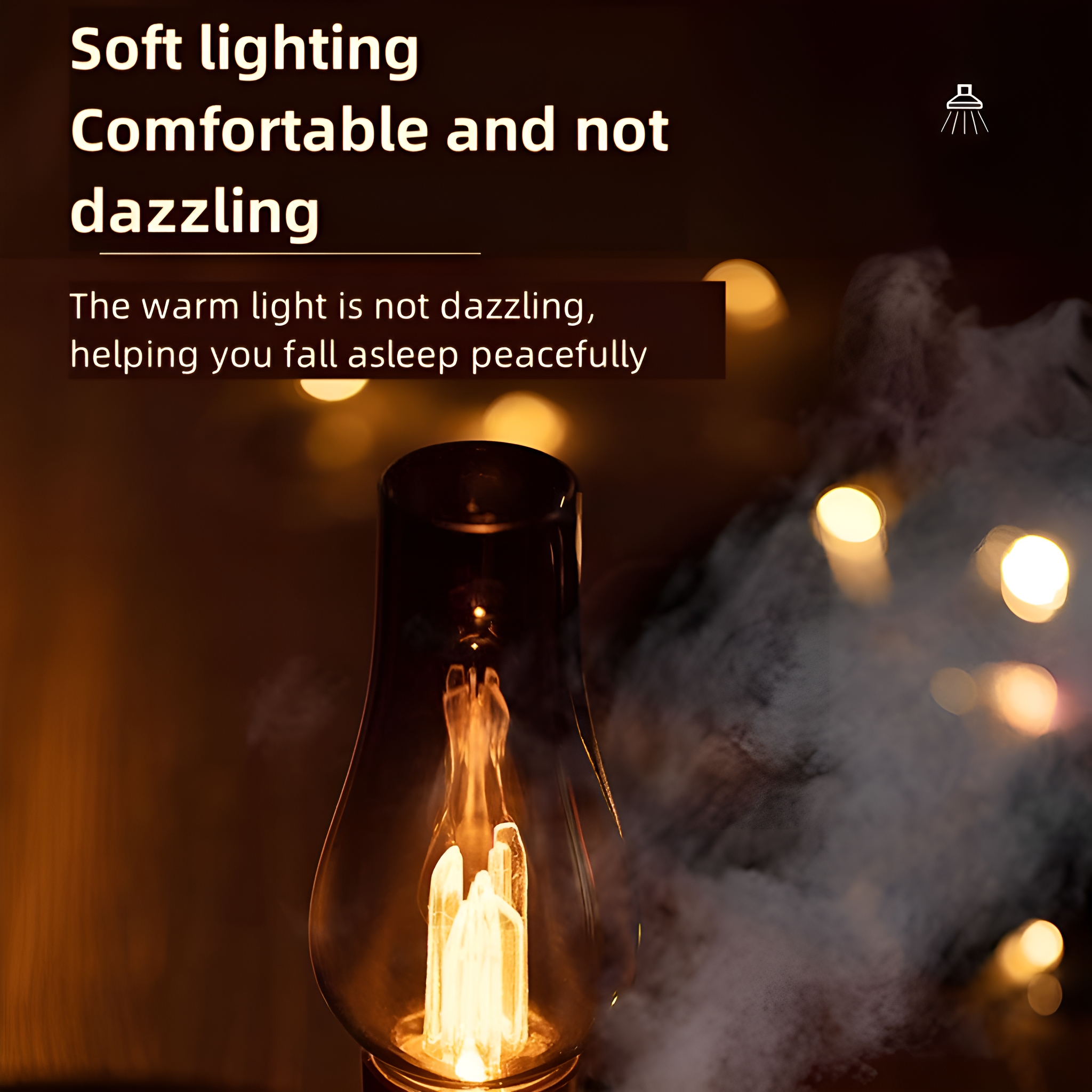 Beleuchtete Lampe mit warmem Schein und Text über sanfte Beleuchtung und friedliches Einschlafen. Nebel.