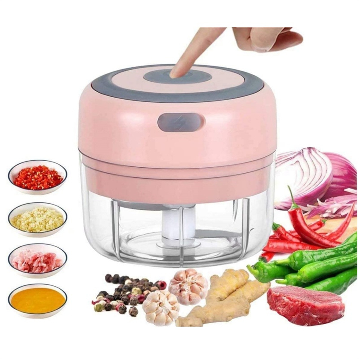 Rosa Küchenmaschine mit Fingerdruckknopf, Zutaten: Chili, Knoblauch, Fleisch und Gemüse.