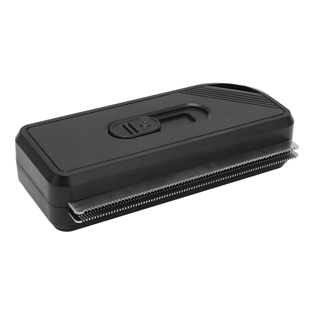 Ein schwarzer Trimmer mit einer Klinge. Er hat einen Knopf oben und ist rechteckig geformt.