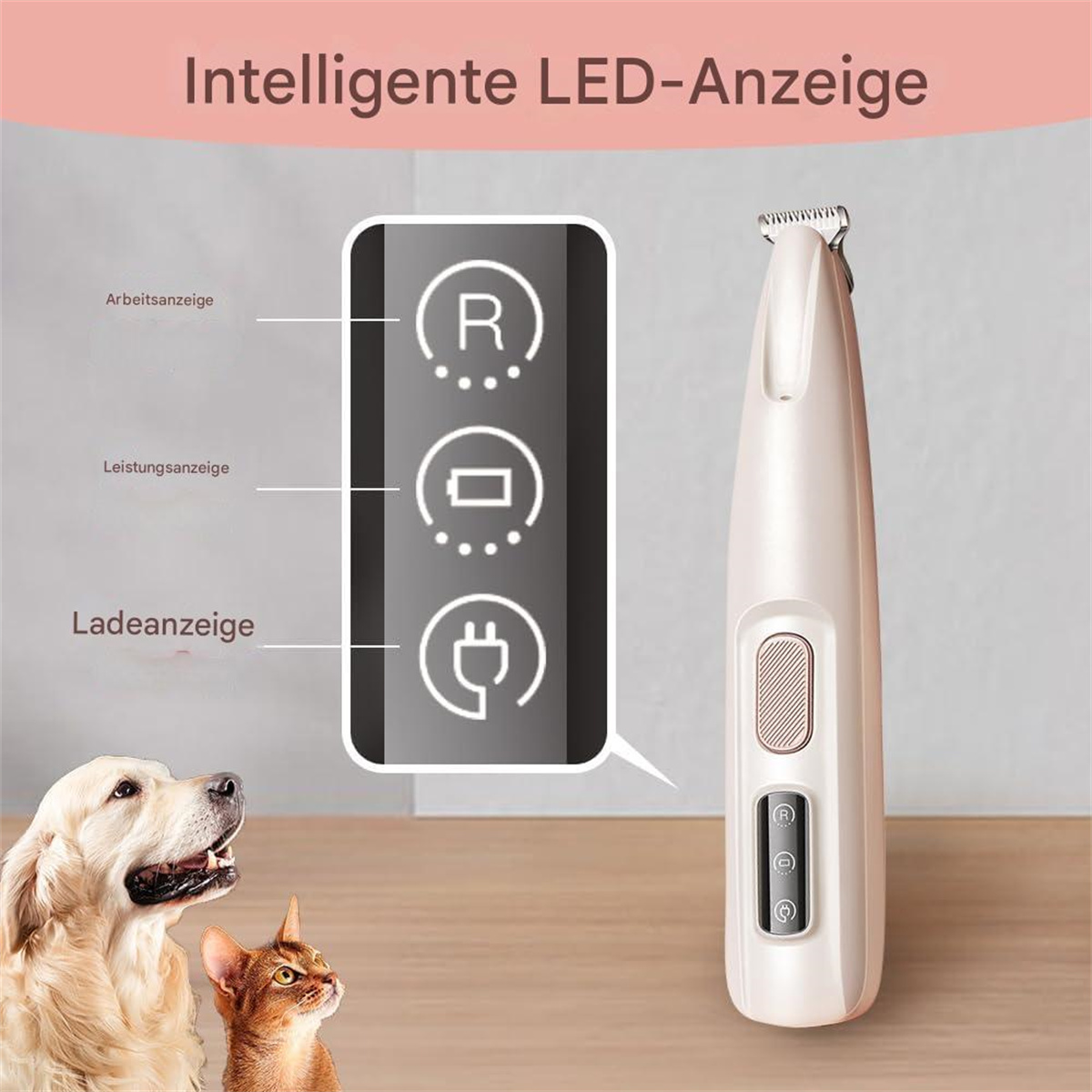 Elektrischer Trimmer mit LED-Anzeigen. Ein Hund und eine Katze schauen auf das Gerät.