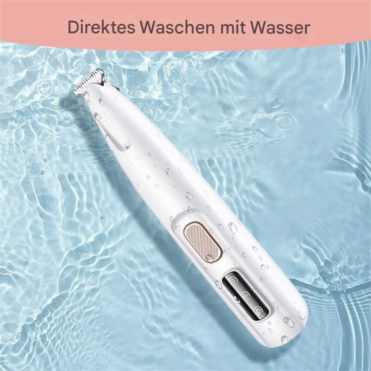 Weißer Elektrorasierer im Wasser. Der Text sagt, dass er direkt mit Wasser gewaschen werden kann.