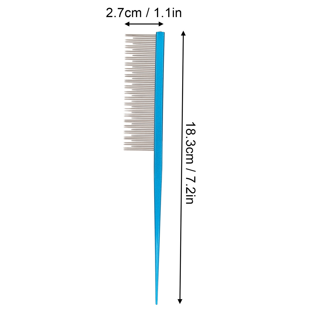 Blauer Kamm mit Stahlzähnen. Abmessungen: 2,7 cm / 1,1 Zoll breit, 18,3 cm / 7,2 Zoll lang.