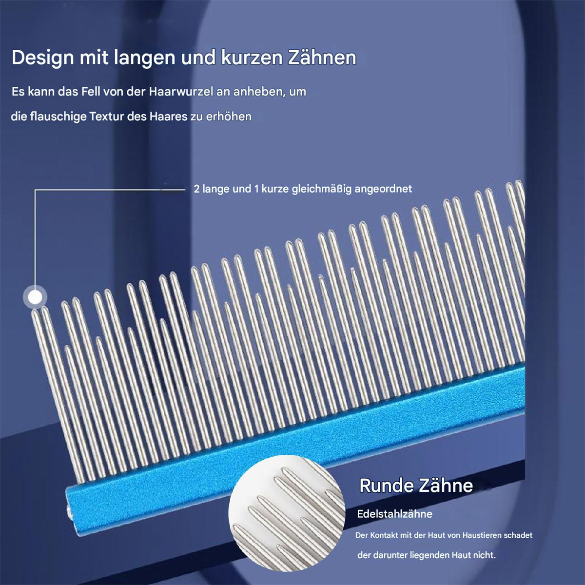 Ein Kamm mit langen und kurzen Zähnen. Der Kamm ist blau und hat abgerundete Zähne.