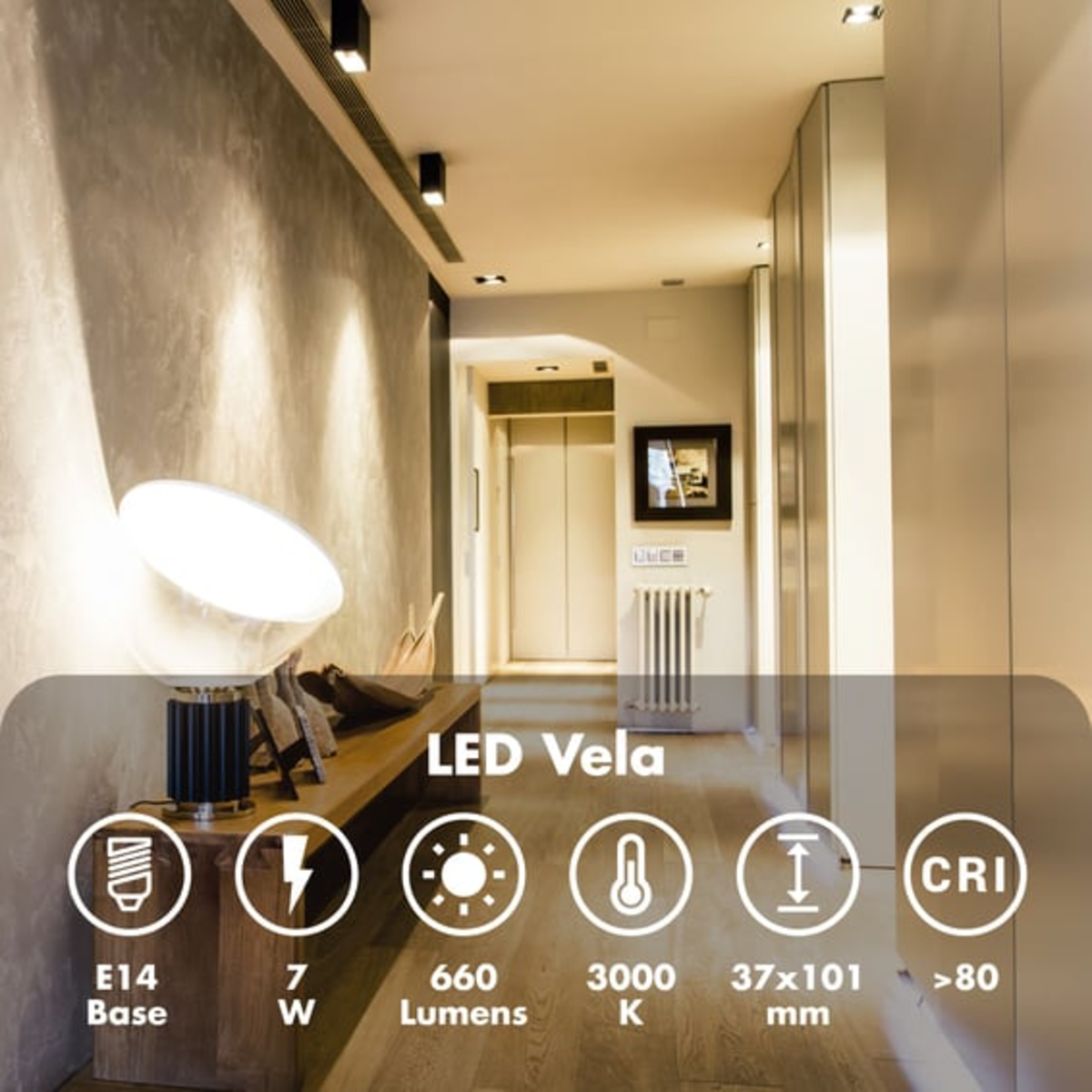 Corridoio moderno con luci LED Vela, panca in legno e icone con info sottostanti.