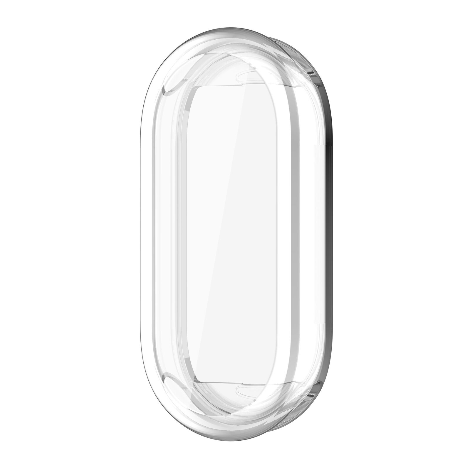 Klare, ovale Schutzhülle. Sie ist transparent und für ein elektronisches Gerät konzipiert.