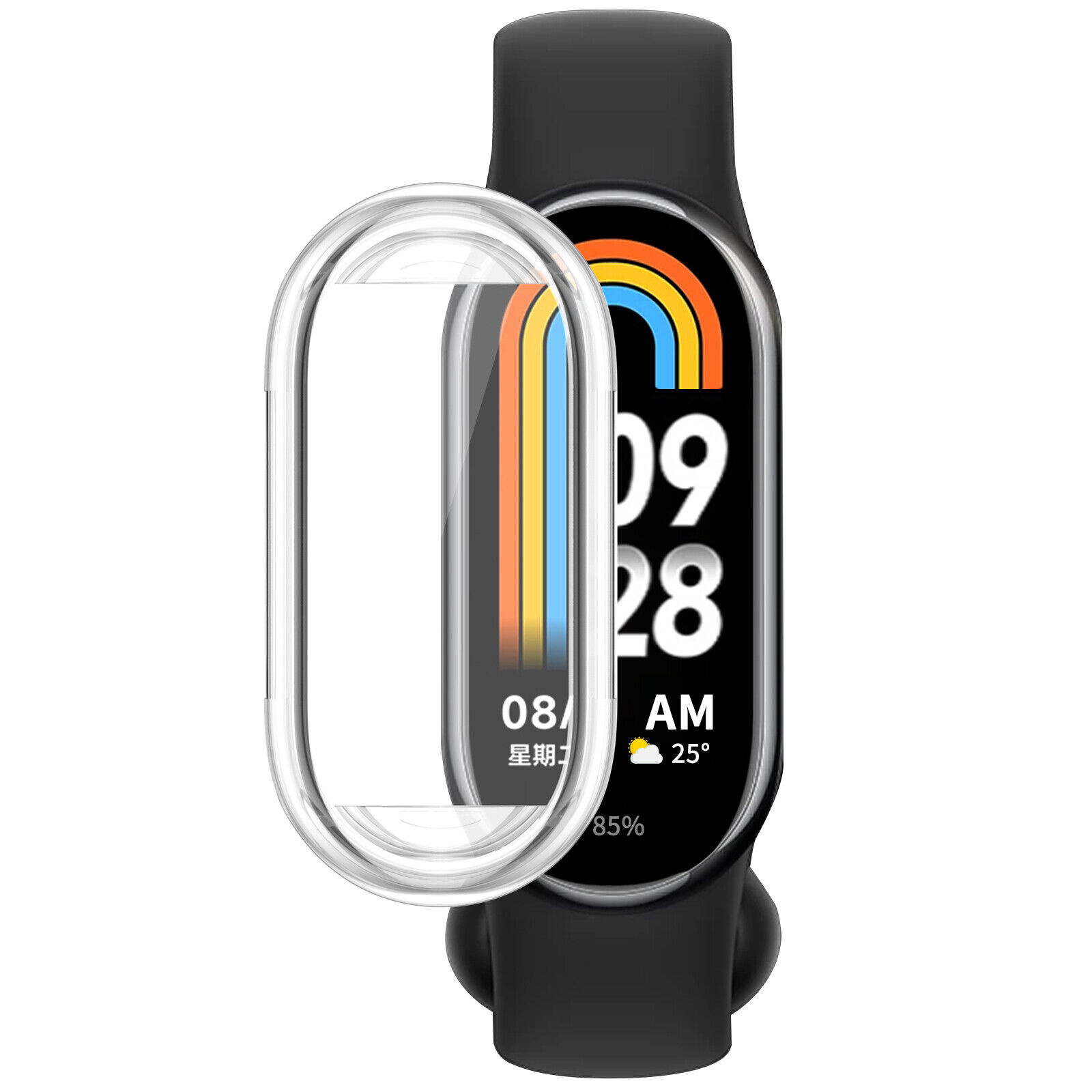 Eine schwarze Smartwatch mit einer transparenten Schutzhülle auf dem Bildschirm. Sie zeigt die Uhrzeit und andere Daten an.