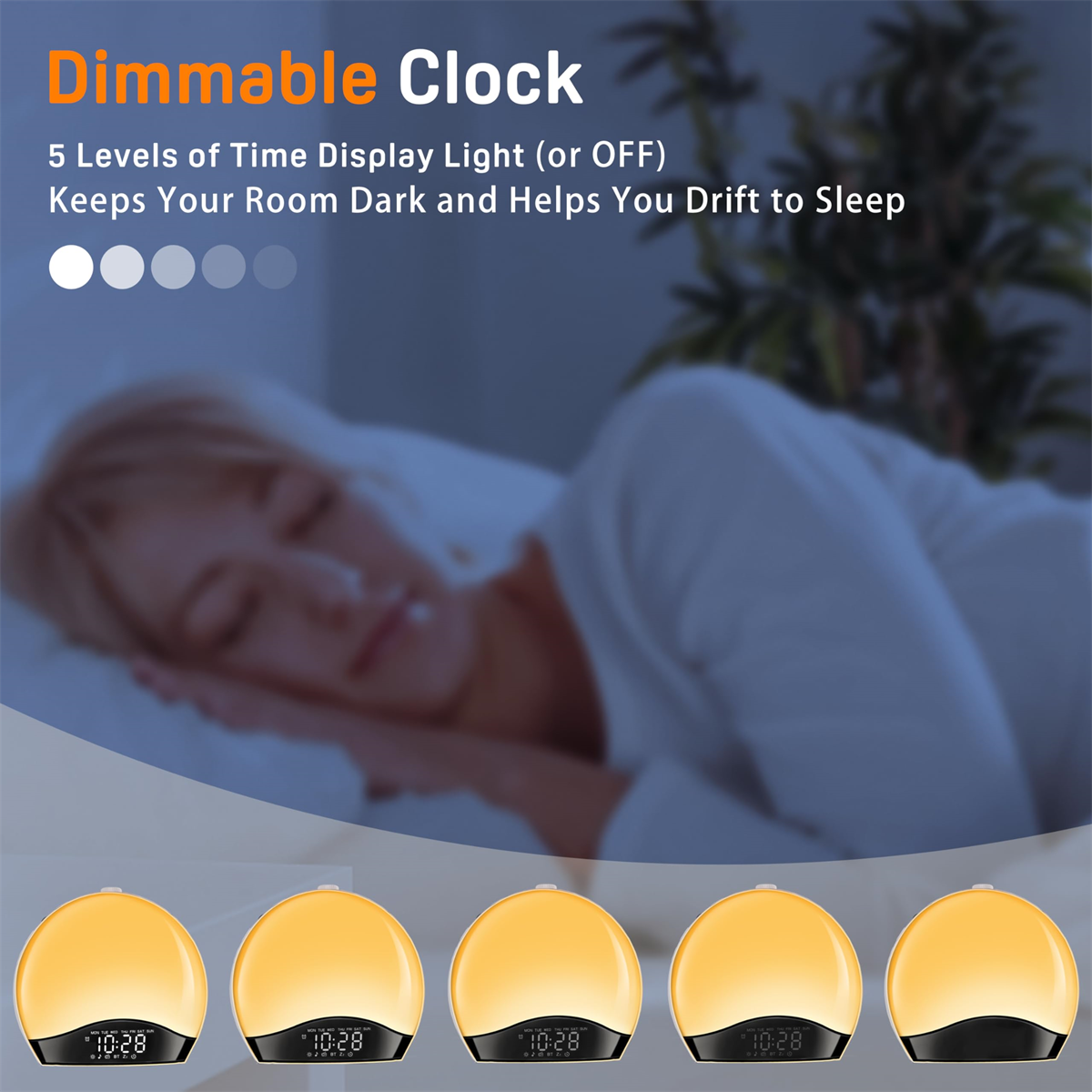 Eine Frau im Bett mit fünf Nachttischlampen, die Lichtstufen zeigen, und einer Uhr, die die Zeit anzeigt.