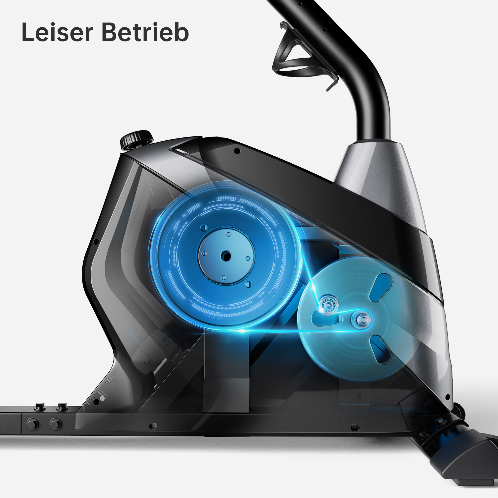 Querschnitt eines Heimtrainers mit Innenmechanismen, blauen Leuchtteilen.