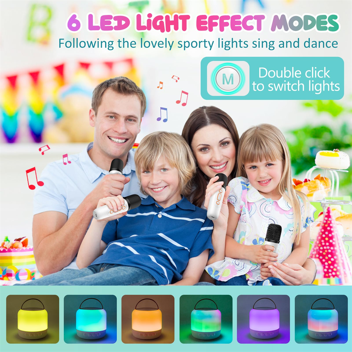 Familie singt mit Mikrofonen, umgeben von bunten Lichtdisplays.